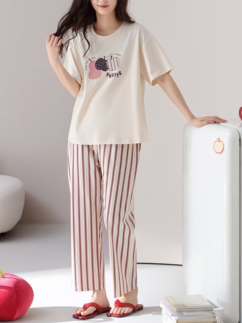 larix Women Top & Pyjama Set White Printed, Striped-picture-7