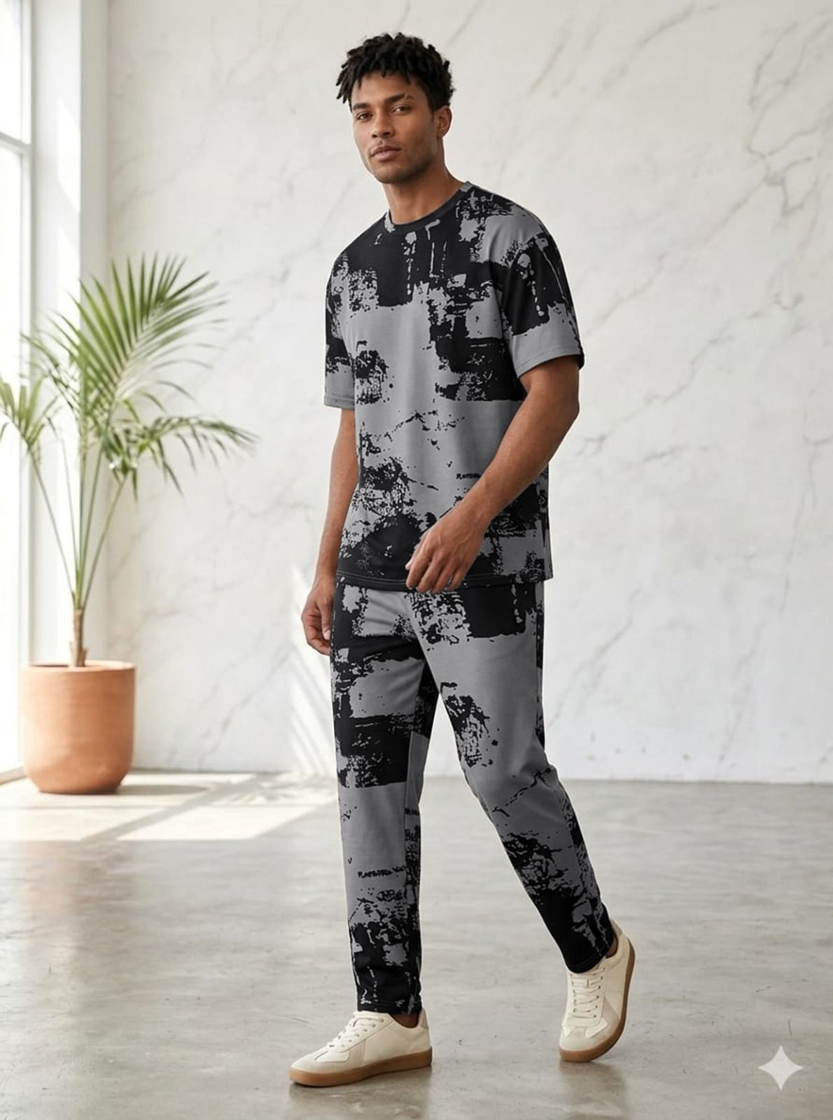 Men Top & Pyjama Set Grey Abstract, Printed-image-15