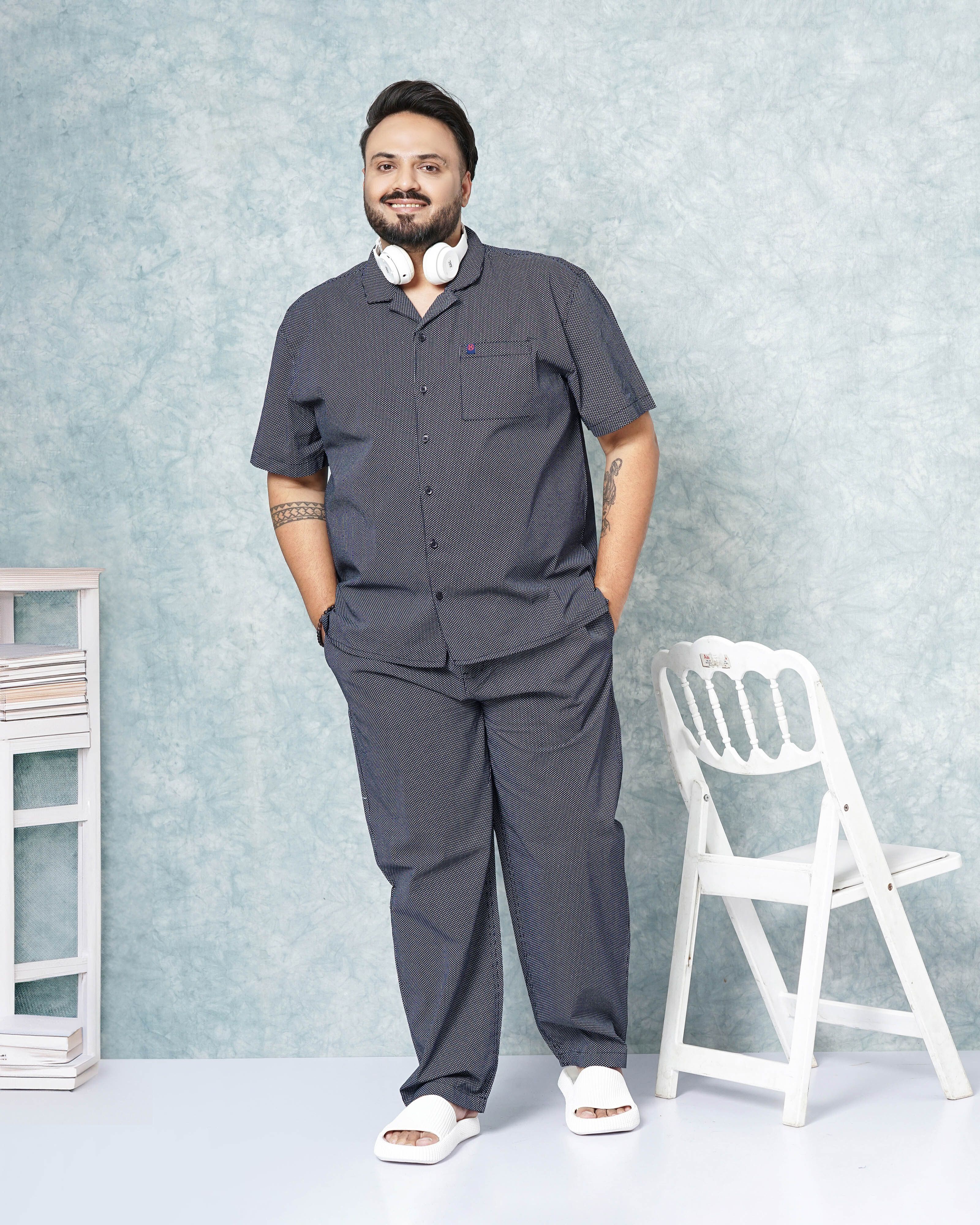 Men Night Suit Set Blue, White Polka Print-image-40