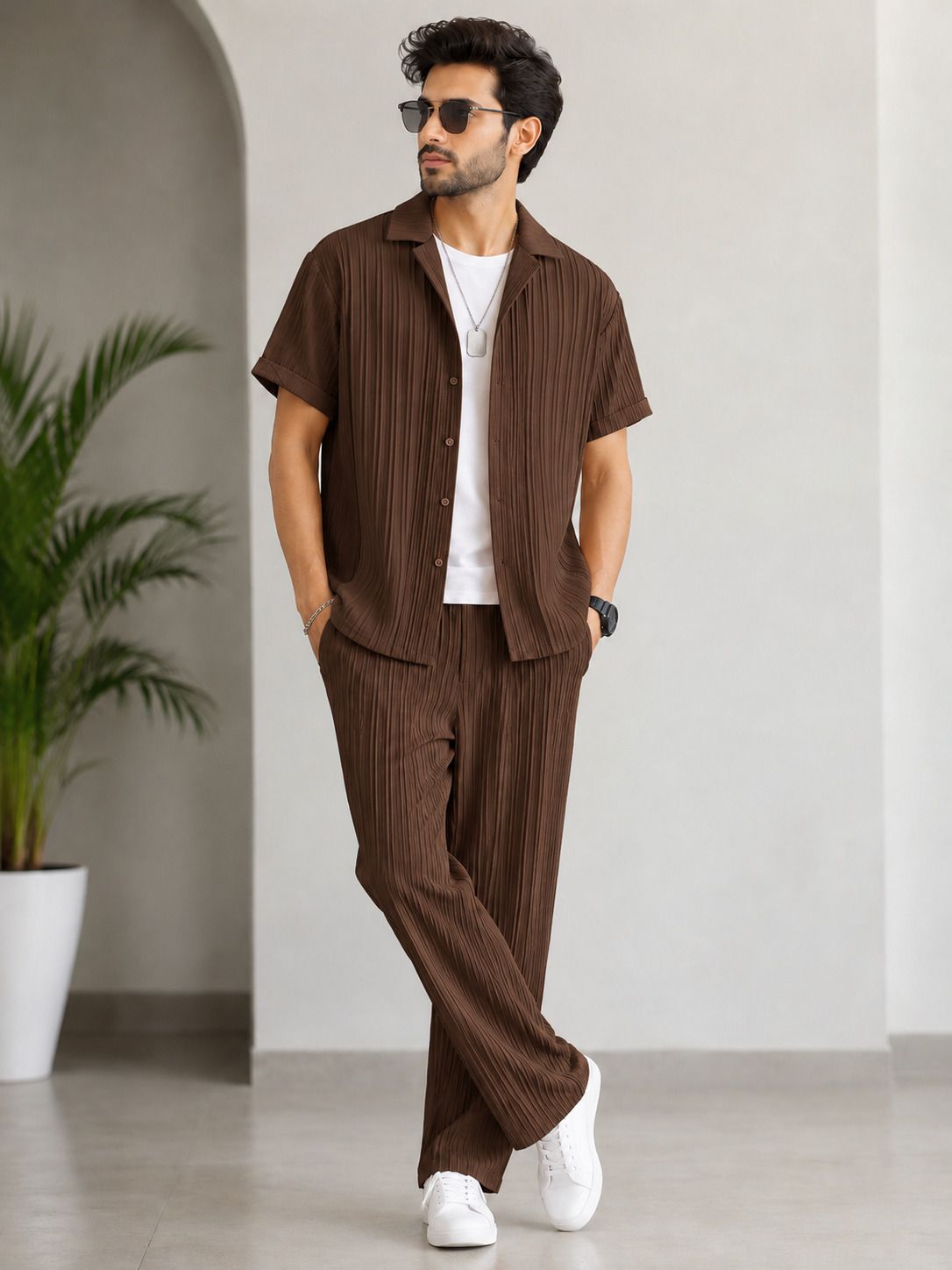 maa uma Men Shirt & Pyjama set Brown Self Design-picture-30