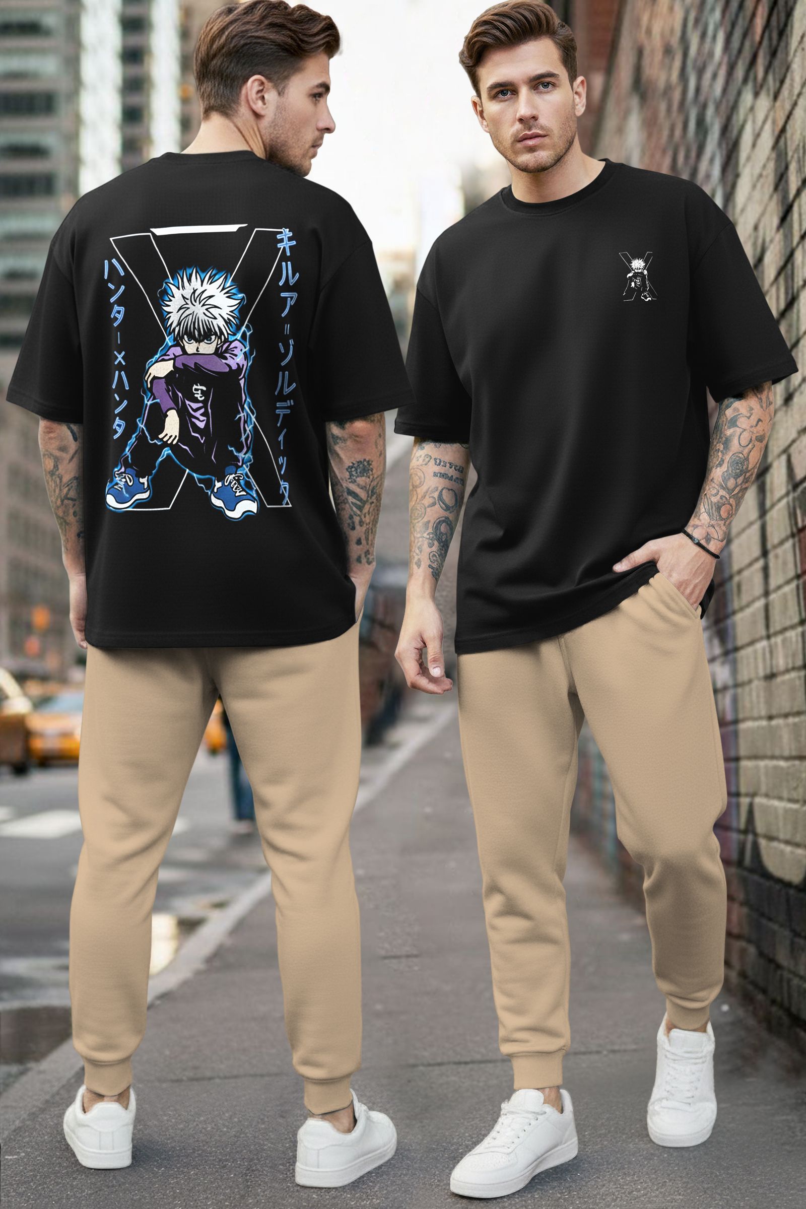 Men Night Suit Set Black, Beige Printed