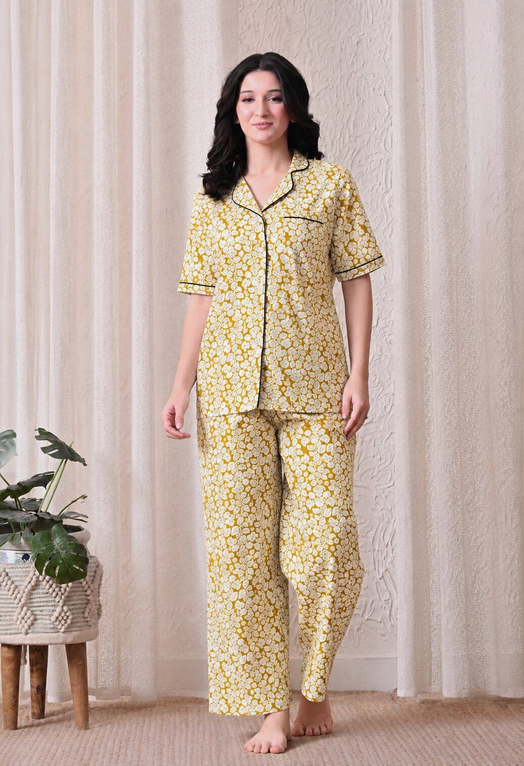 Women Shirt & Pyjama set Yellow Printed-image-6