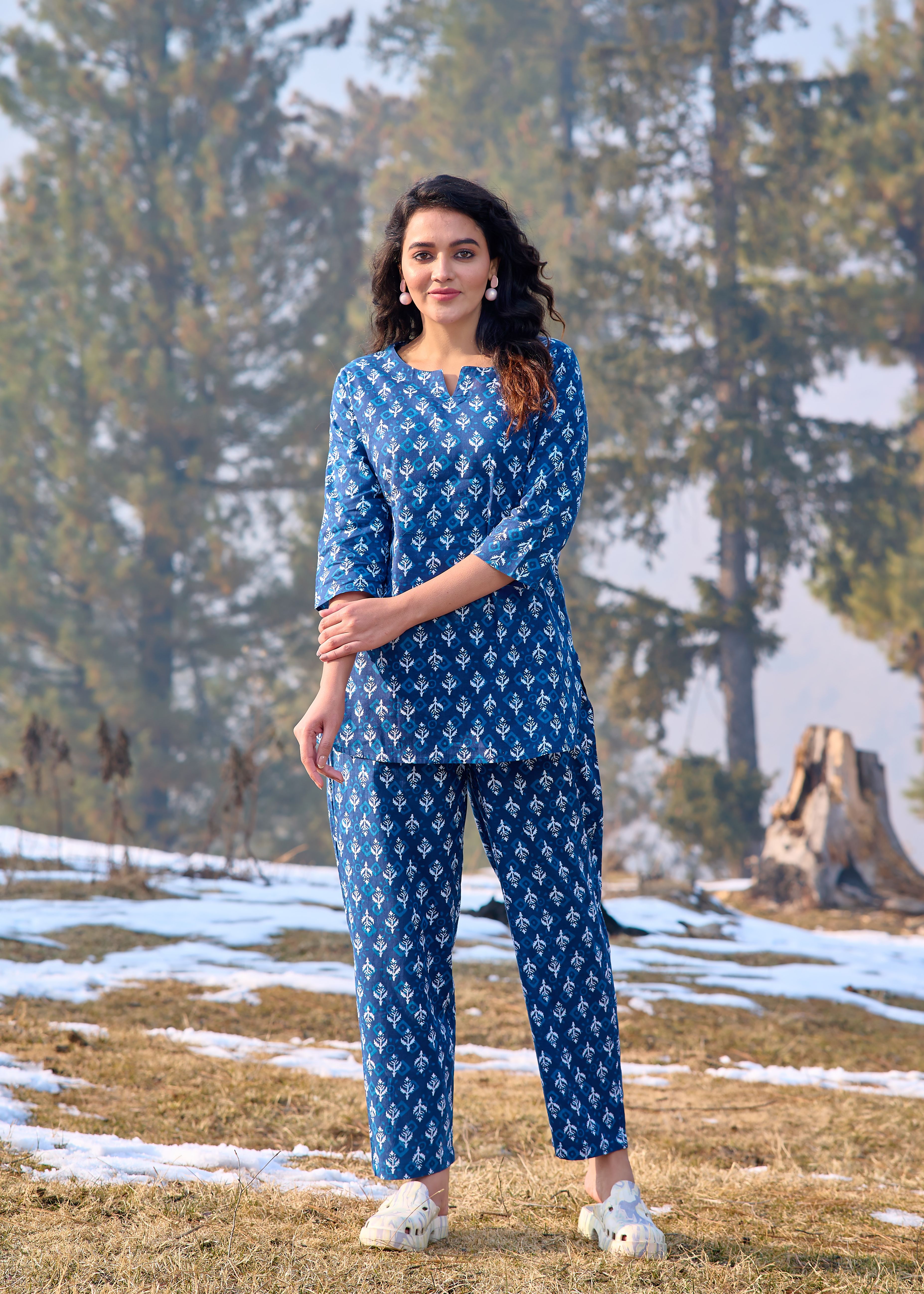 Women Night Suit Set Blue, White Printed