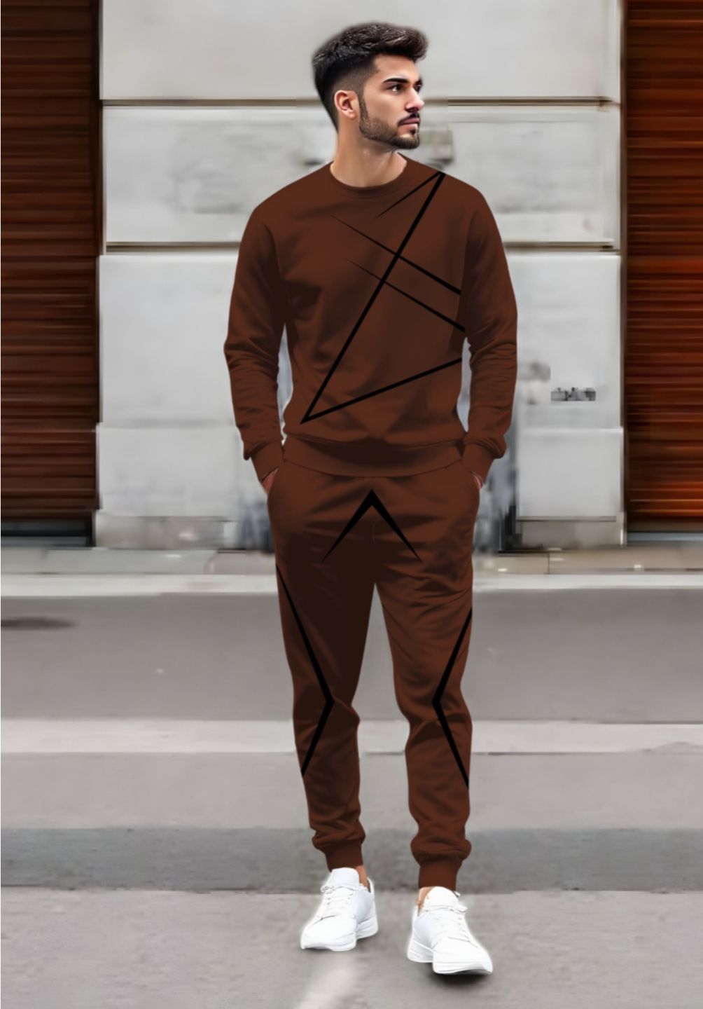 triptee Men Night Suit Set Brown Abstract, Geometric Print-picture-23