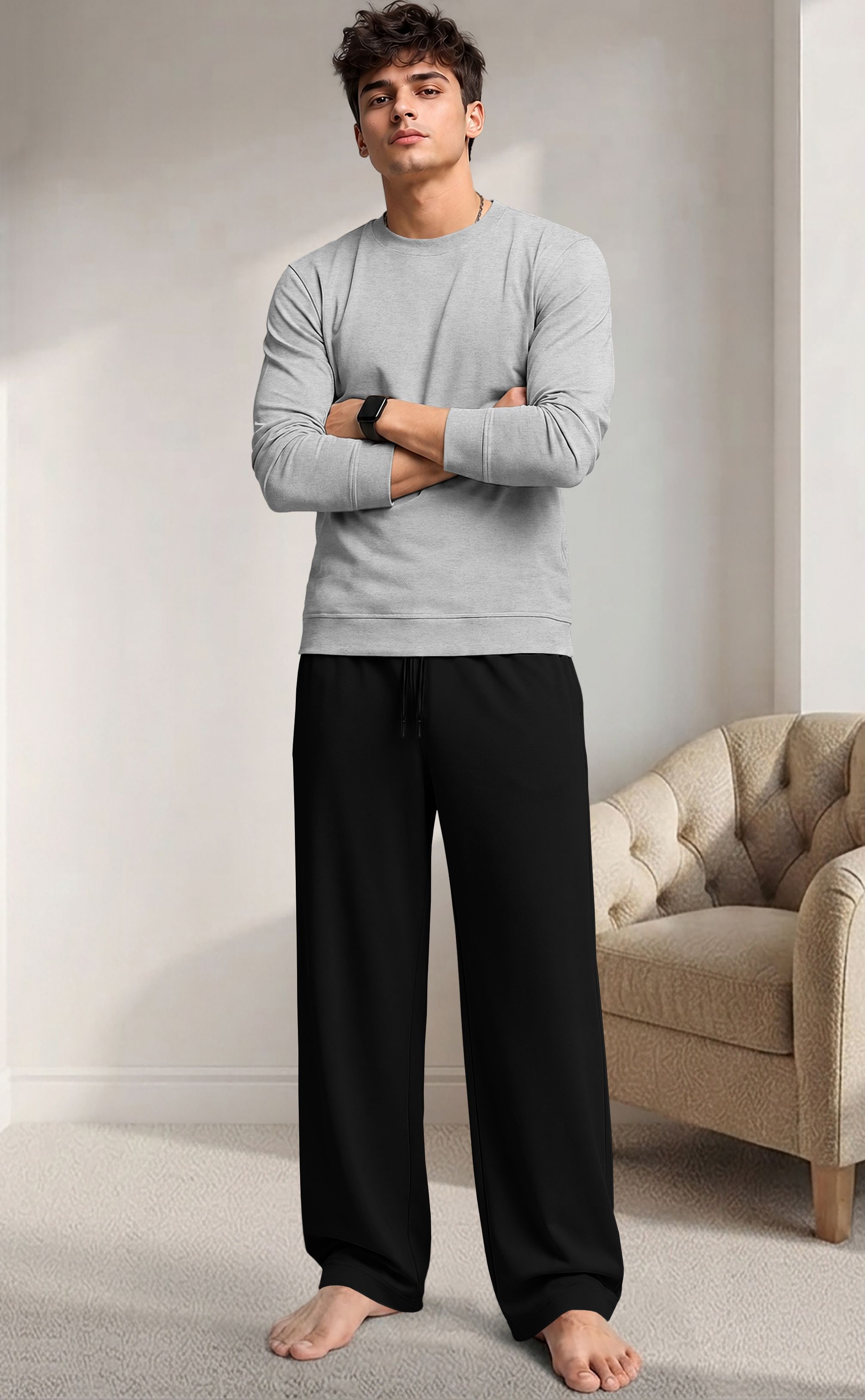 spectator Men Night Suit Set Grey, Black Solid-picture-0