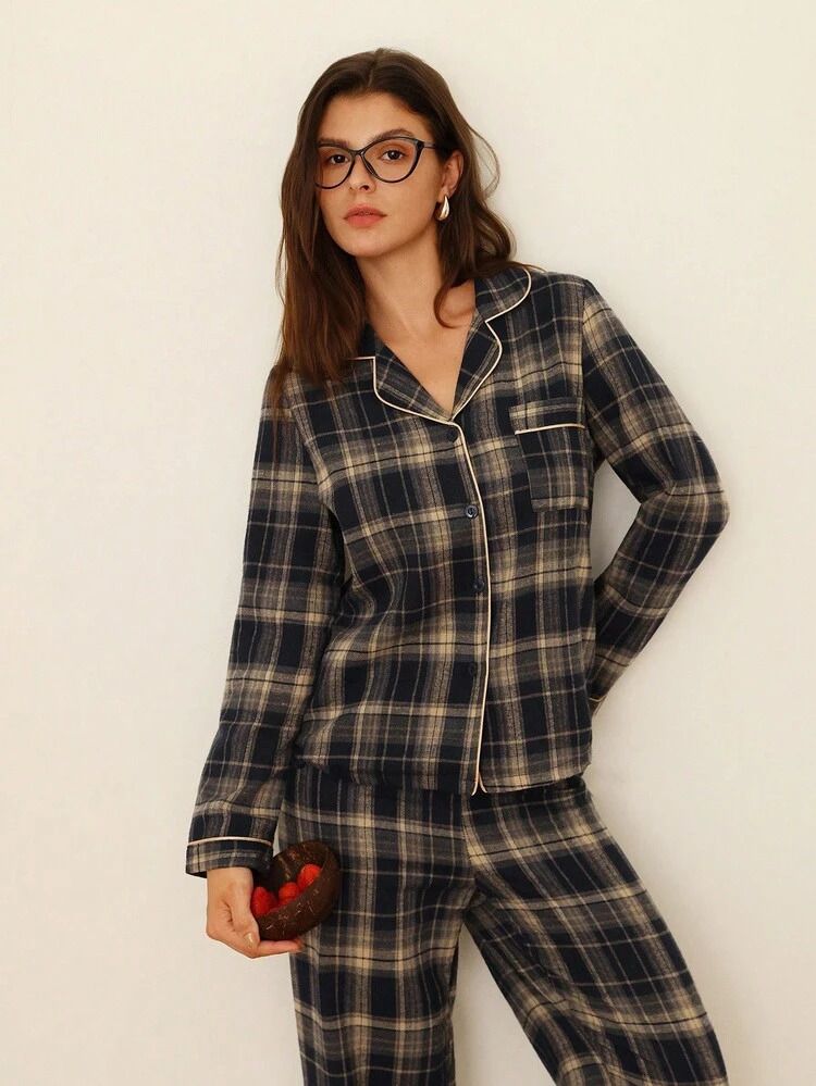 Women Shirt & Pyjama set Pink Checkered-image-40