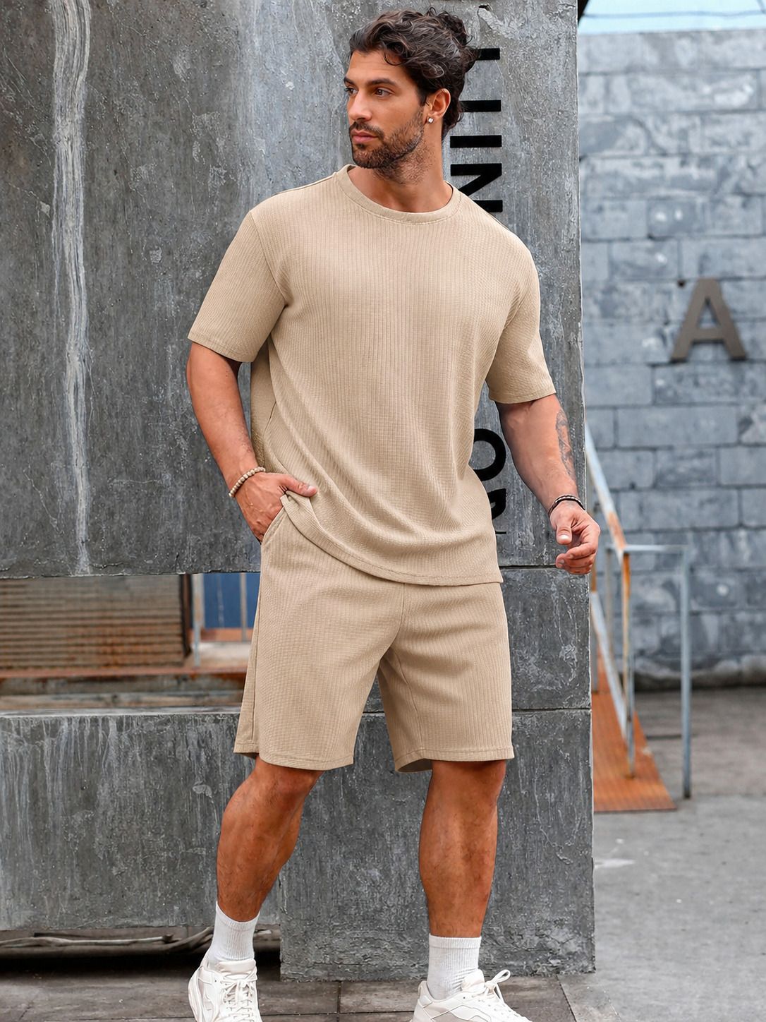 ziyantex Men Top & Shorts Set Beige Self Design-picture-36