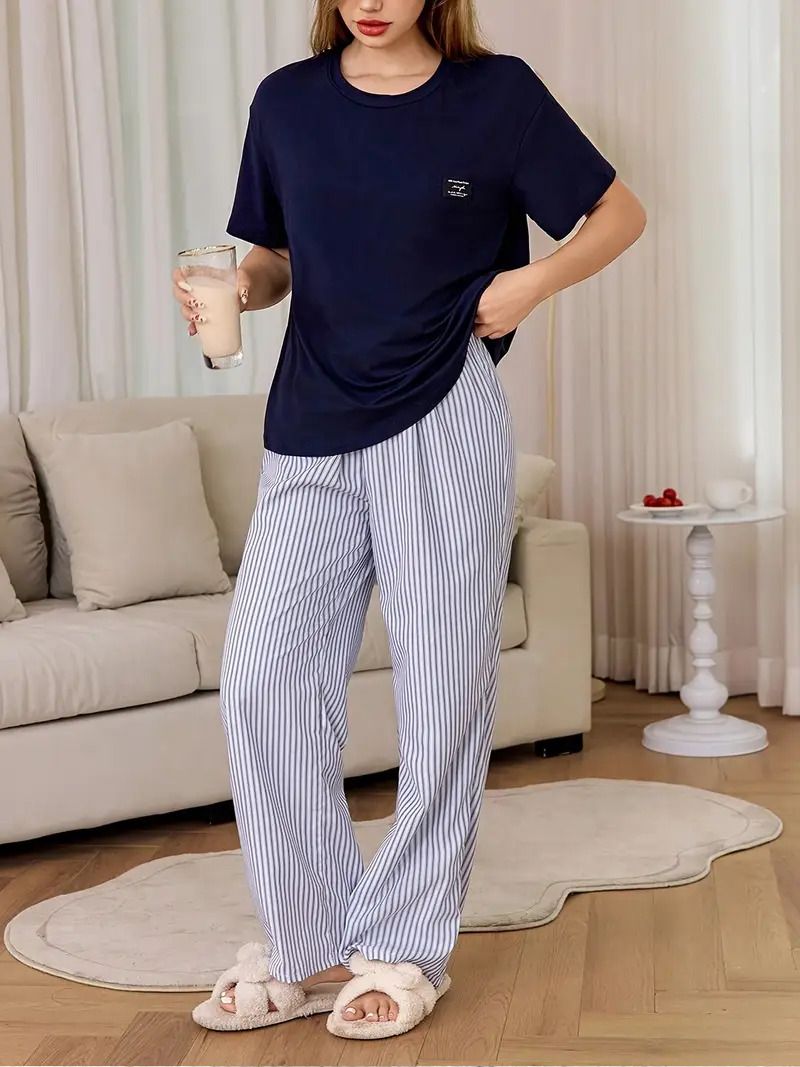 larix Women Top & Pyjama Set Blue Striped, Solid-picture-0