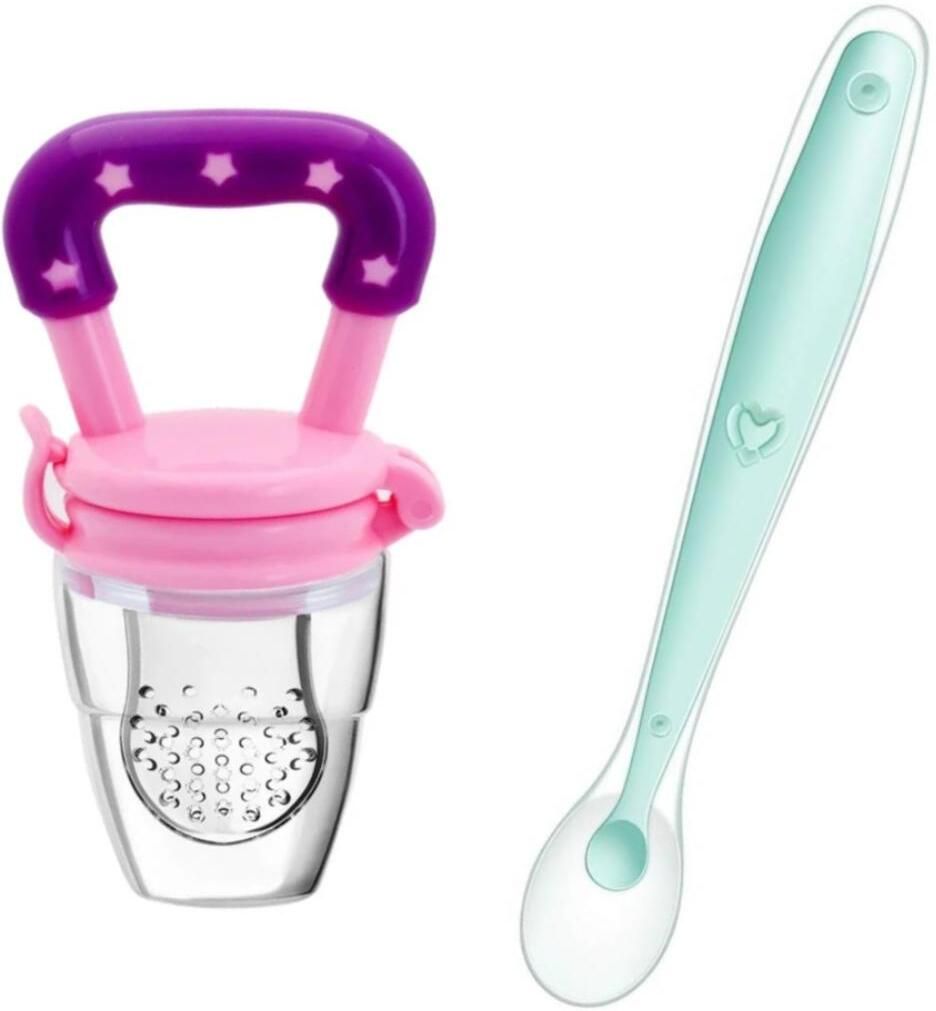 1pcs Baby Feeding Spoons & Teether for Kids Fruit Food Feeder (Combo Pack of 2) - 100% Silicone Tip, BPA Free material with Food Grade Silicone tip