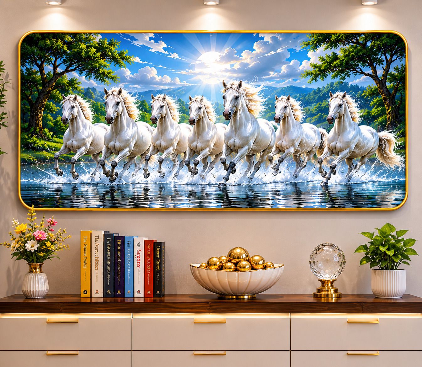 Vastu Seven Running Horses Without Glass Framed Art Print Digital Reprint 12 inch x 24 inch Painting-image-3