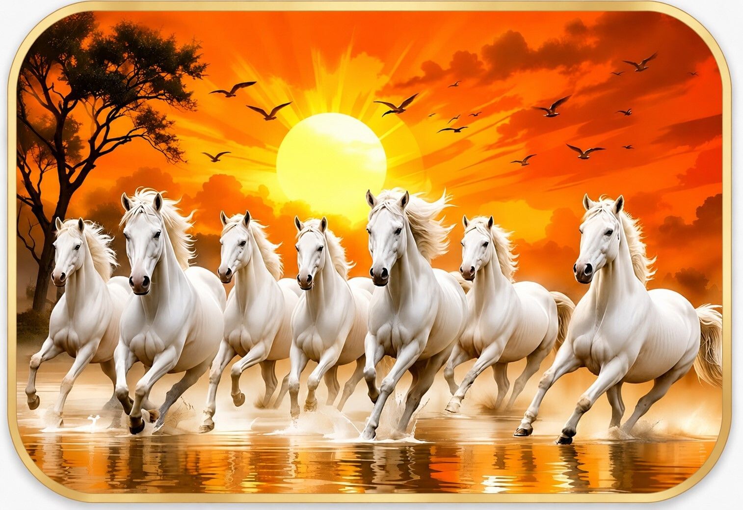 sndart Vastu 7 Running Horses Wall Paintings With Golden PVC Frame For Living Room Digital Reprint 11 inch x 14 inch Painting-picture-12