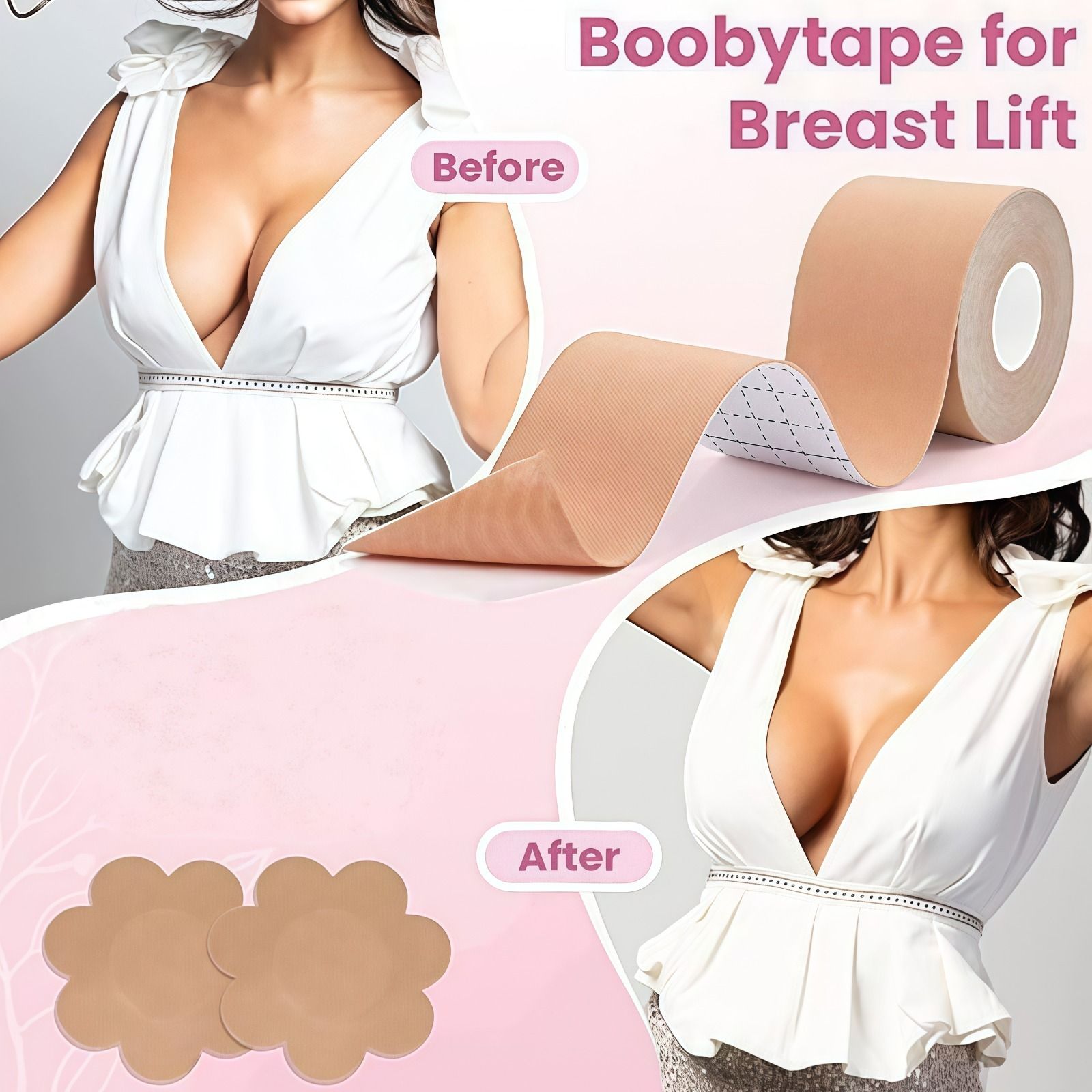 Breast Lift Tape Combo Set with Invisible Tape, Silicone Nipple Covers Nursing Breast Pad-image-1