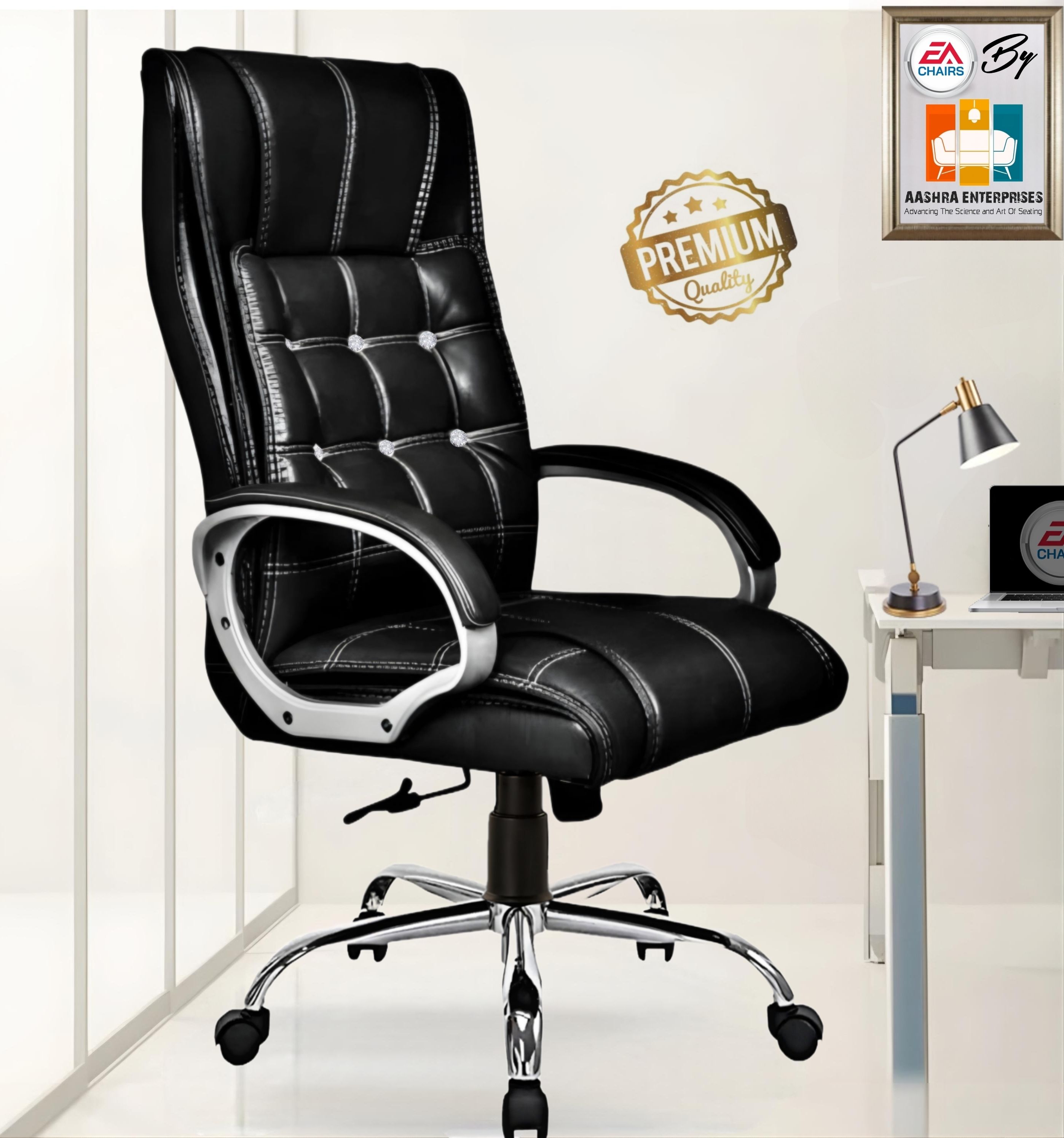 E.A Black Diamond Designer Chair Silver Arms Rest High Quality Ergonomic Chair Leatherette Office Executive Chair-image-39