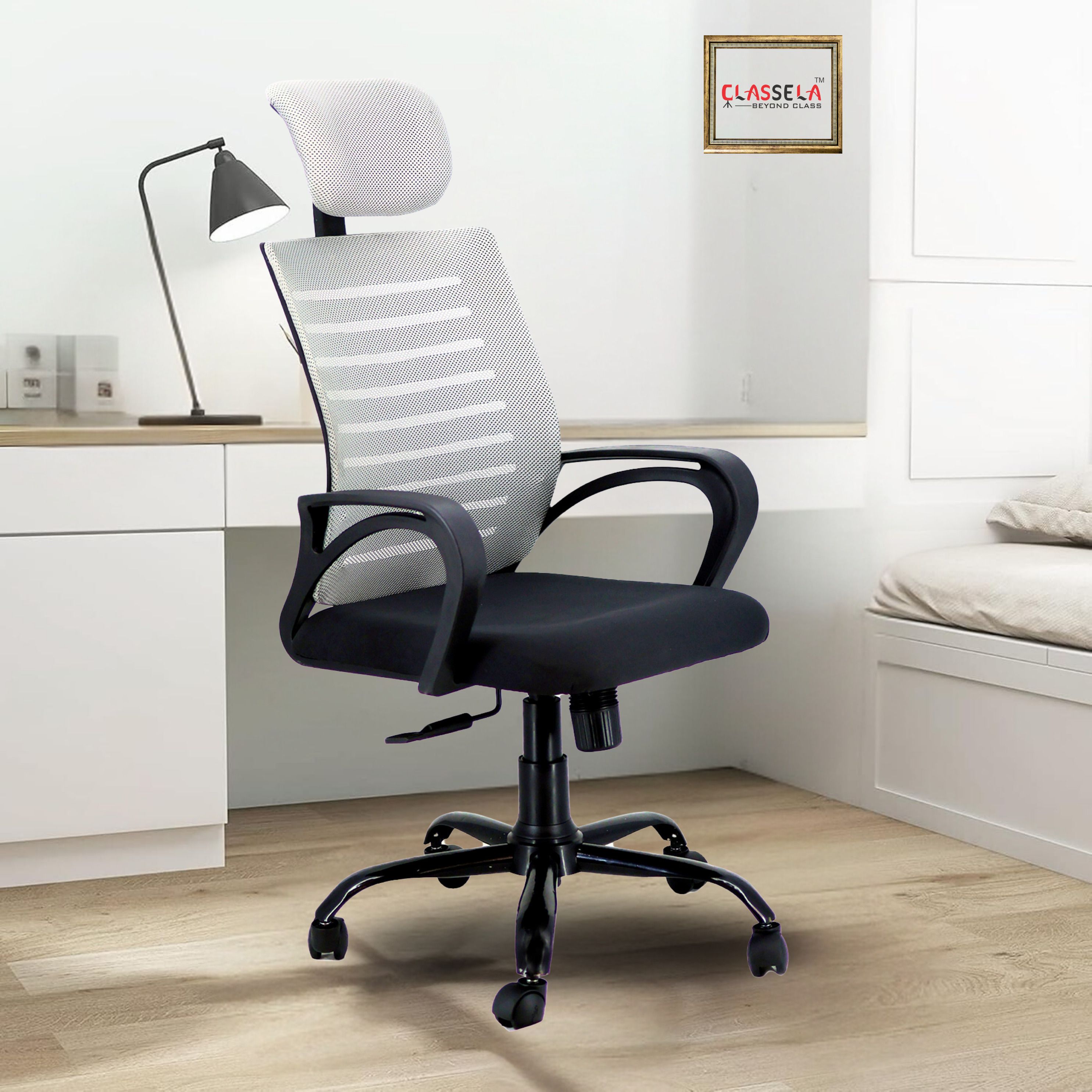 Boom High Back Mesh Office chair with Adj headrest & 2 yrs Parts wrty Natural Fiber Office Arm Chair-image-28