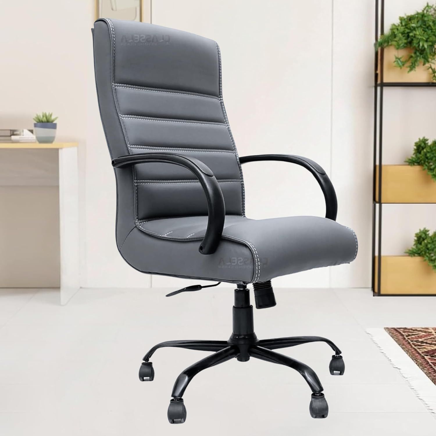 Scroll premium Leather High back office Revolving 3 Years warranty Leather Office Adjustable Arm Chair-image-18