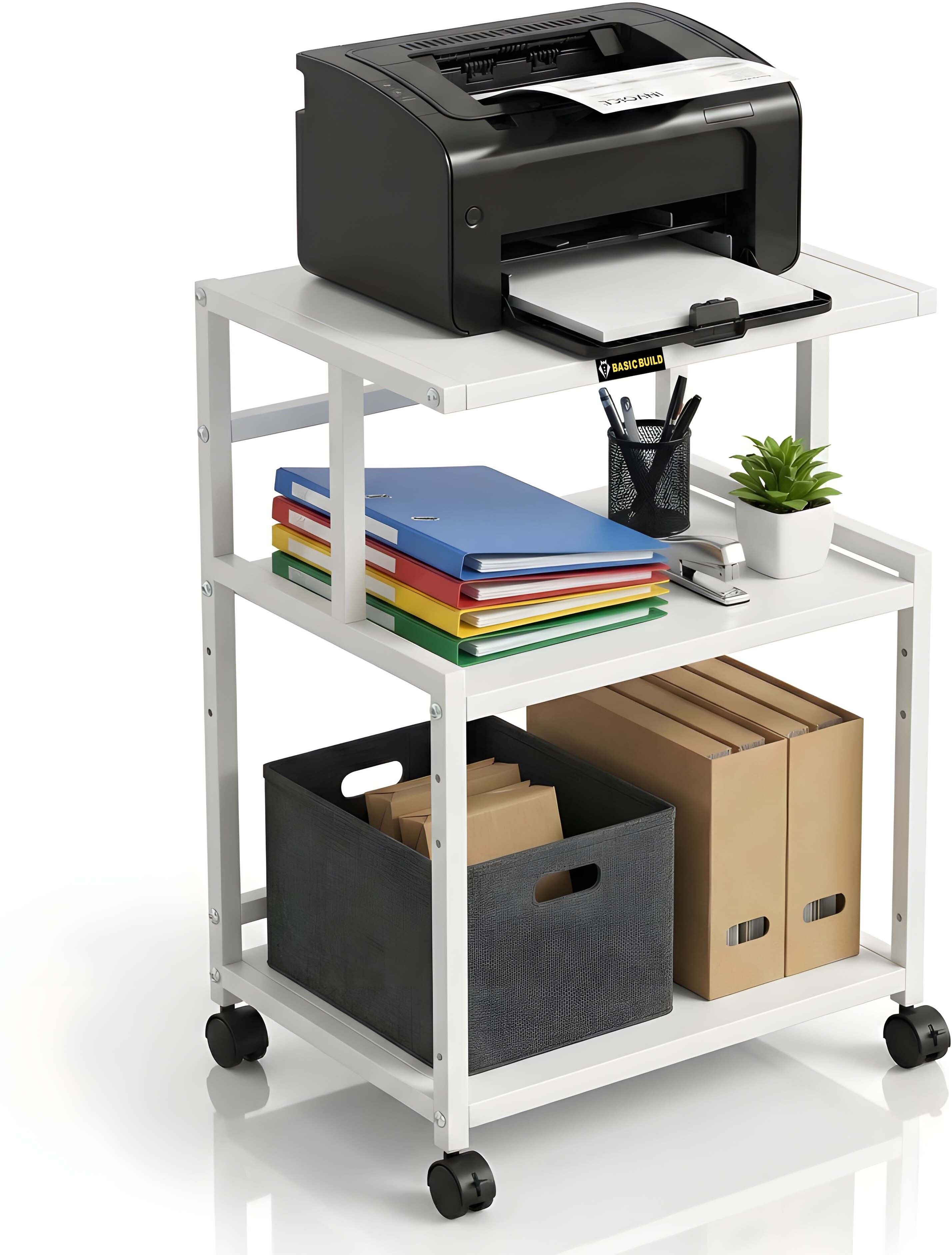 Heavy Duty Office Printer Stand with Lockable Wheels | Multi-Level Storage Rack Metal Study Table-image-1