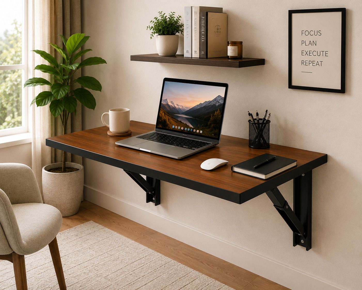Wall Mounted Folding Study Table 80x40 cm Space Saving Work Desk-Teak Engineered Wood Study Table-image-26