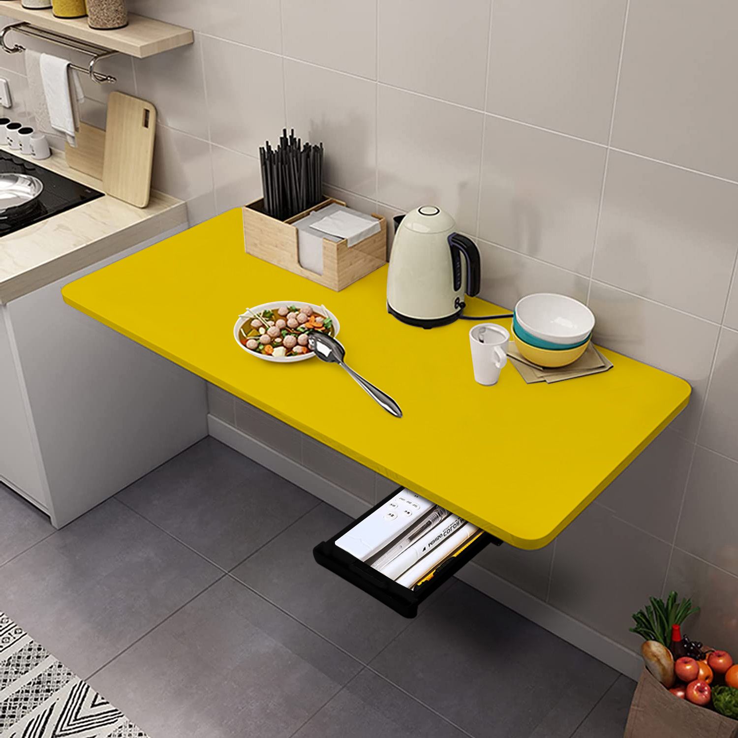 Wall mounted Study table(31 inches X 16 inches) round corner ,Office Table Stand/Laptop Table Foldable- 100% Made in India..(Yellow) Solid Wood Study Table-image-9