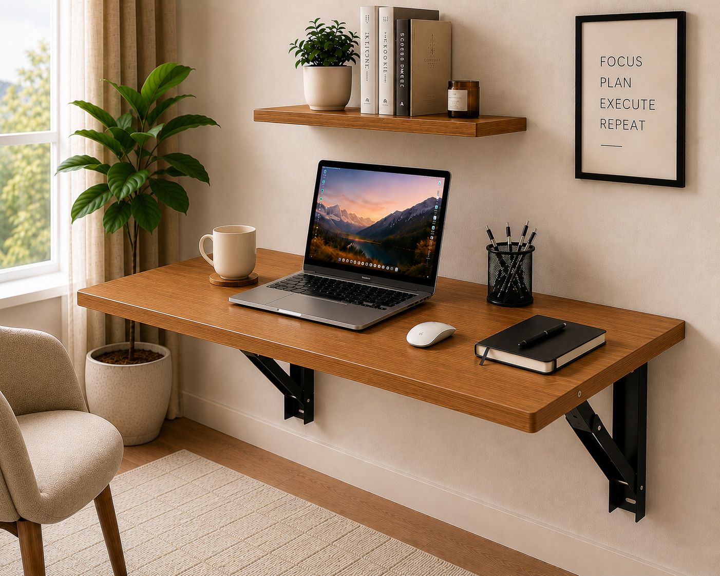 pedpix 120 x 40 cm Space Saving Foldable Wooden Wall Table with Brackets Engineered Wood Multipurpose Table-picture-4