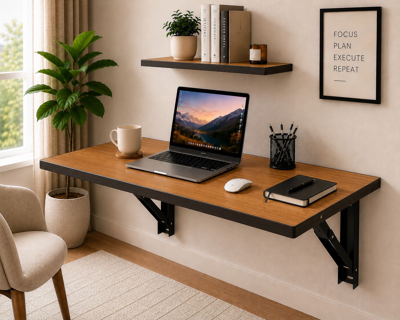 pedpix 120 x 40 cm Wall Mounted Wooden Folding Table with Steel Brackets Engineered Wood Multipurpose Table-picture-6