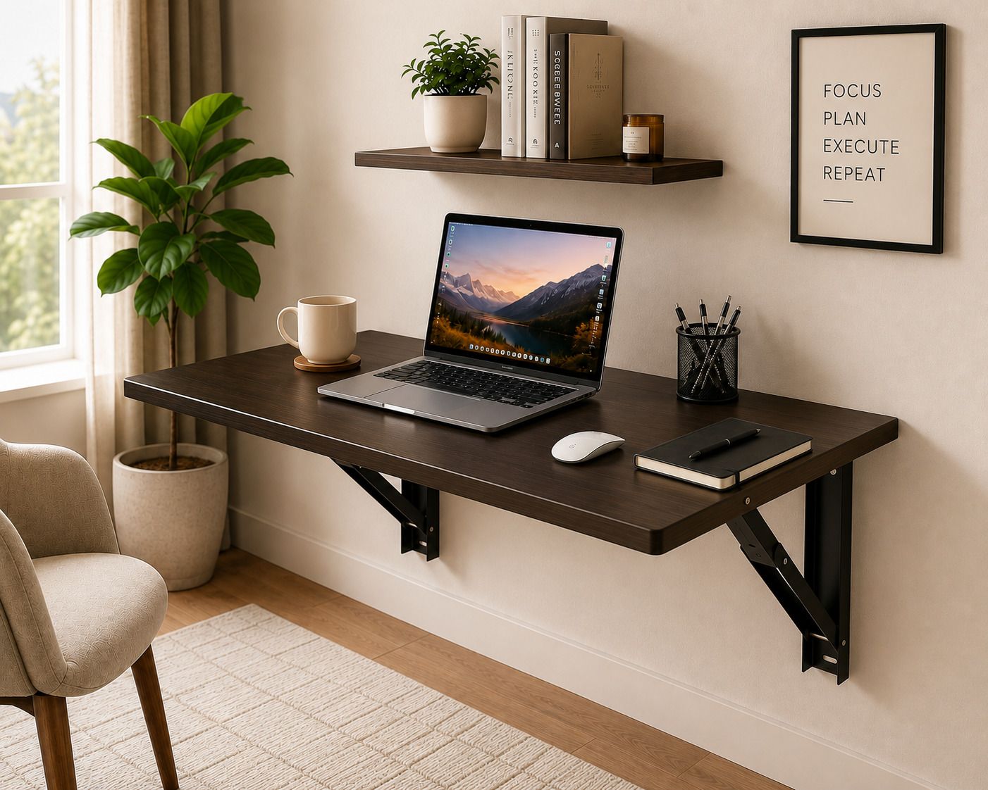 malbro Wall Mounted Foldable Study Table 80x40 cm Wooden Space Saving Desk Brown Home Engineered Wood Study Table-picture-33