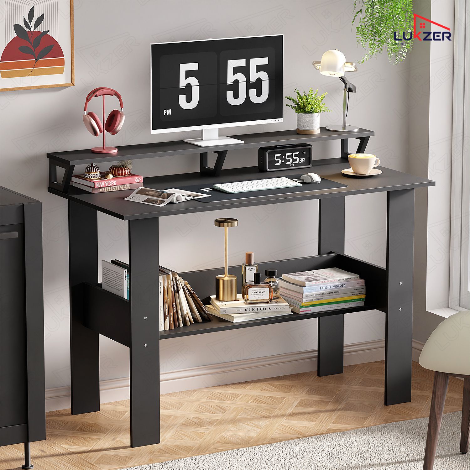 lukzer Study Desk with Monitor Riser & Open Book Shelf (MST-004) Engineered Wood Office Table-picture-21