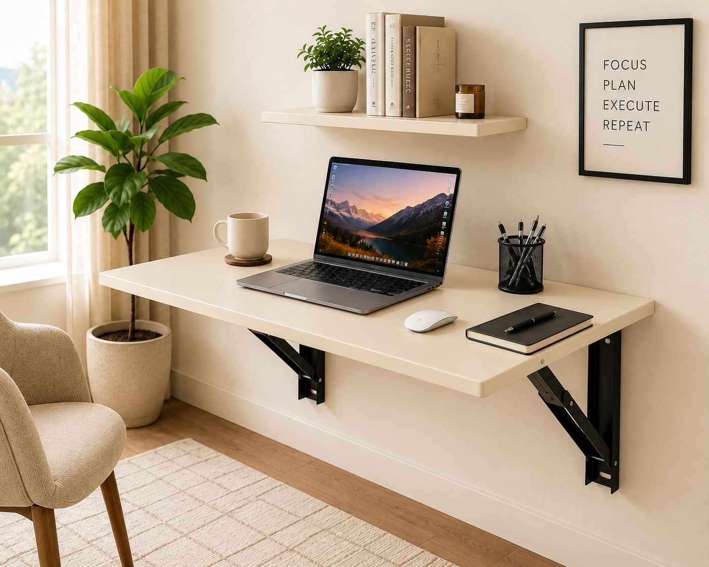 Wall Mounted Foldable Table Wooden Study Desk 40x40 cm Space Saving Shelf Engineered Wood Study Table-image-35