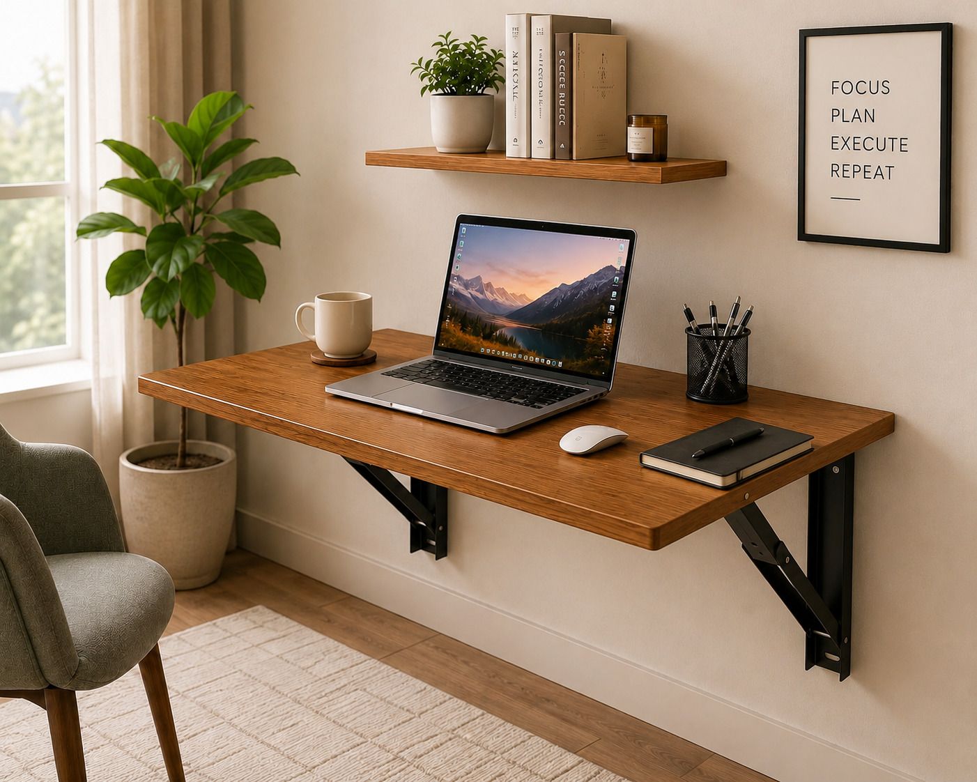 Wall Mounted Folding Study Table 80x40 cm Space Saving Work Desk-Teak Engineered Wood Study Table-image-27
