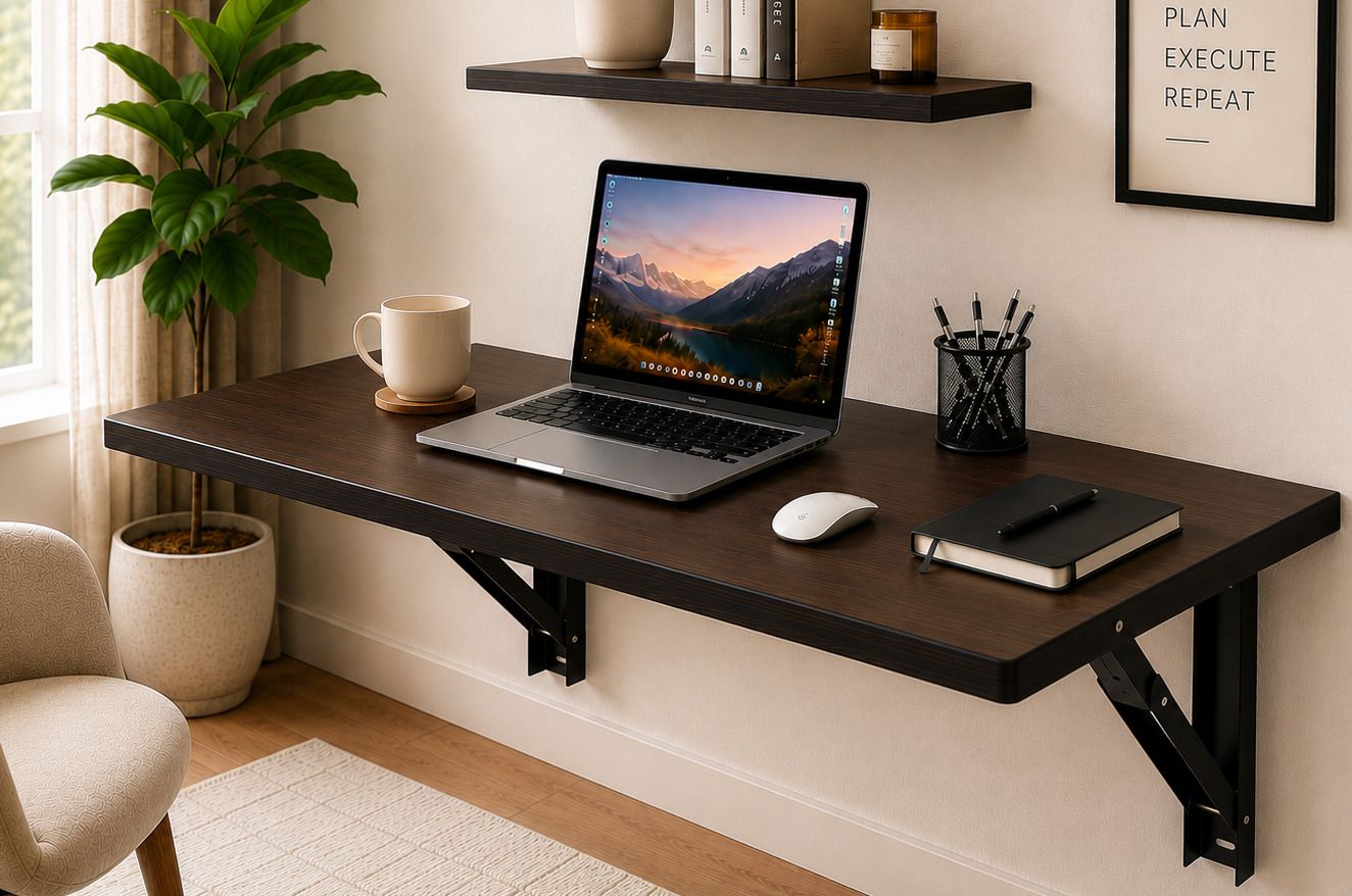 pedpix 120 x 40 cm-Wall-Mounted Wooden Folding Table with Steel Brackets Engineered Wood Multipurpose Table-picture-1