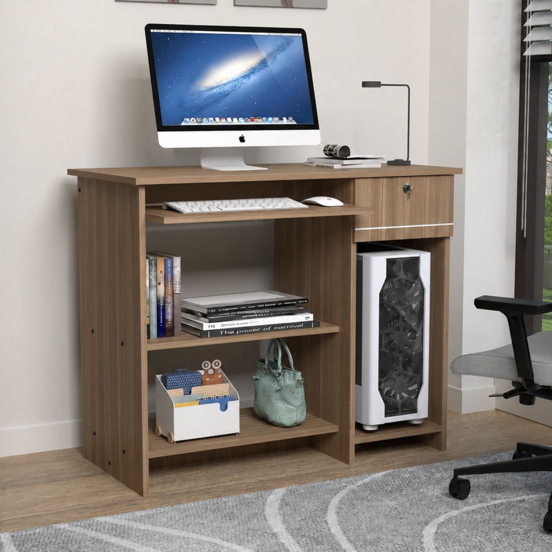 Bingo Study Table with Keyboard Tray, Lockable Drawer,CPU Storage & Open Shelves Engineered Wood Study Table-image-31