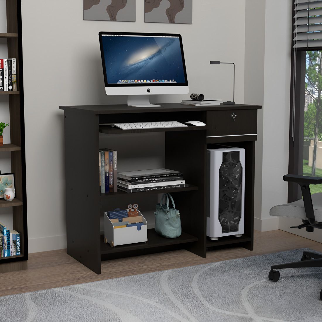 rooso living Bingo Study Table with Keyboard Tray, Lockable Drawer,CPU Storage & Open Shelves Engineered Wood Study Table-picture-24