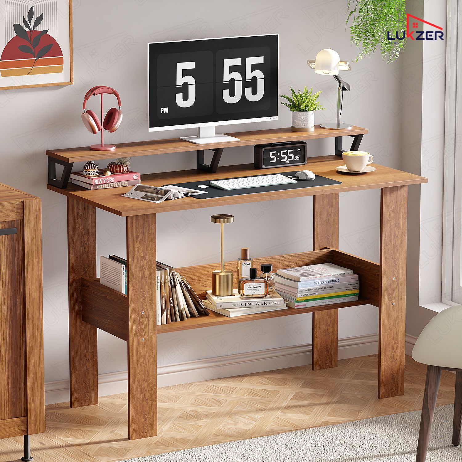 lukzer Study Table with Monitor Riser & Open Book Shelf (MST-004/Oak Brown) Engineered Wood Study Table-picture-22
