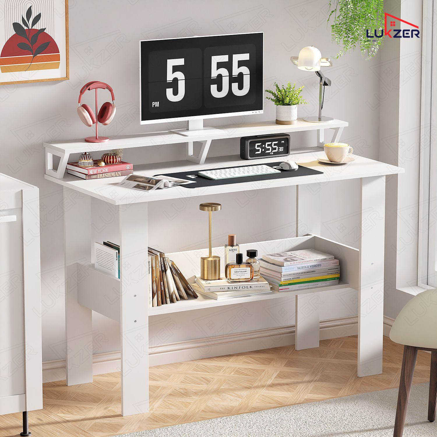 lukzer Study Table with Monitor Riser & Open Book Shelf (MST-004/White) Engineered Wood Study Table-picture-23