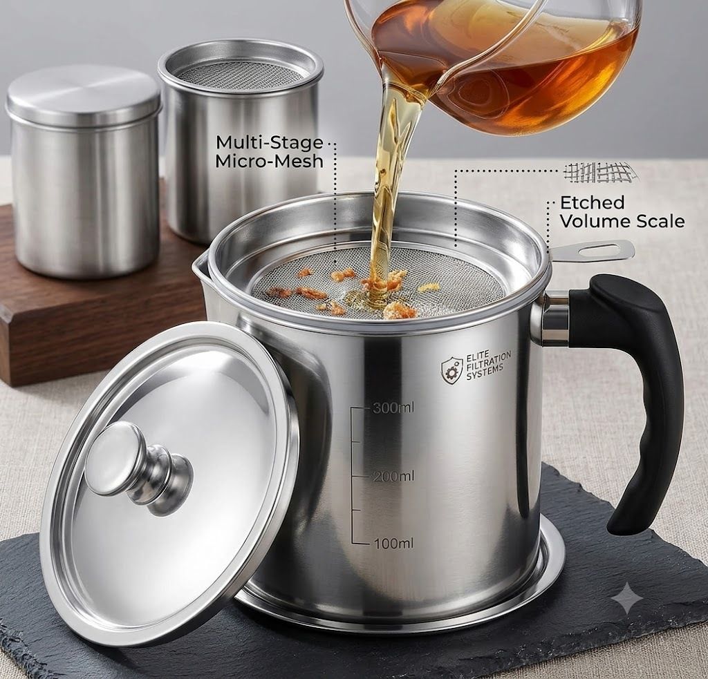 sellevent Premium Stainless Steel Oil Filter Pot with Etched Measurement Scale Collapsible Strainer-picture-37
