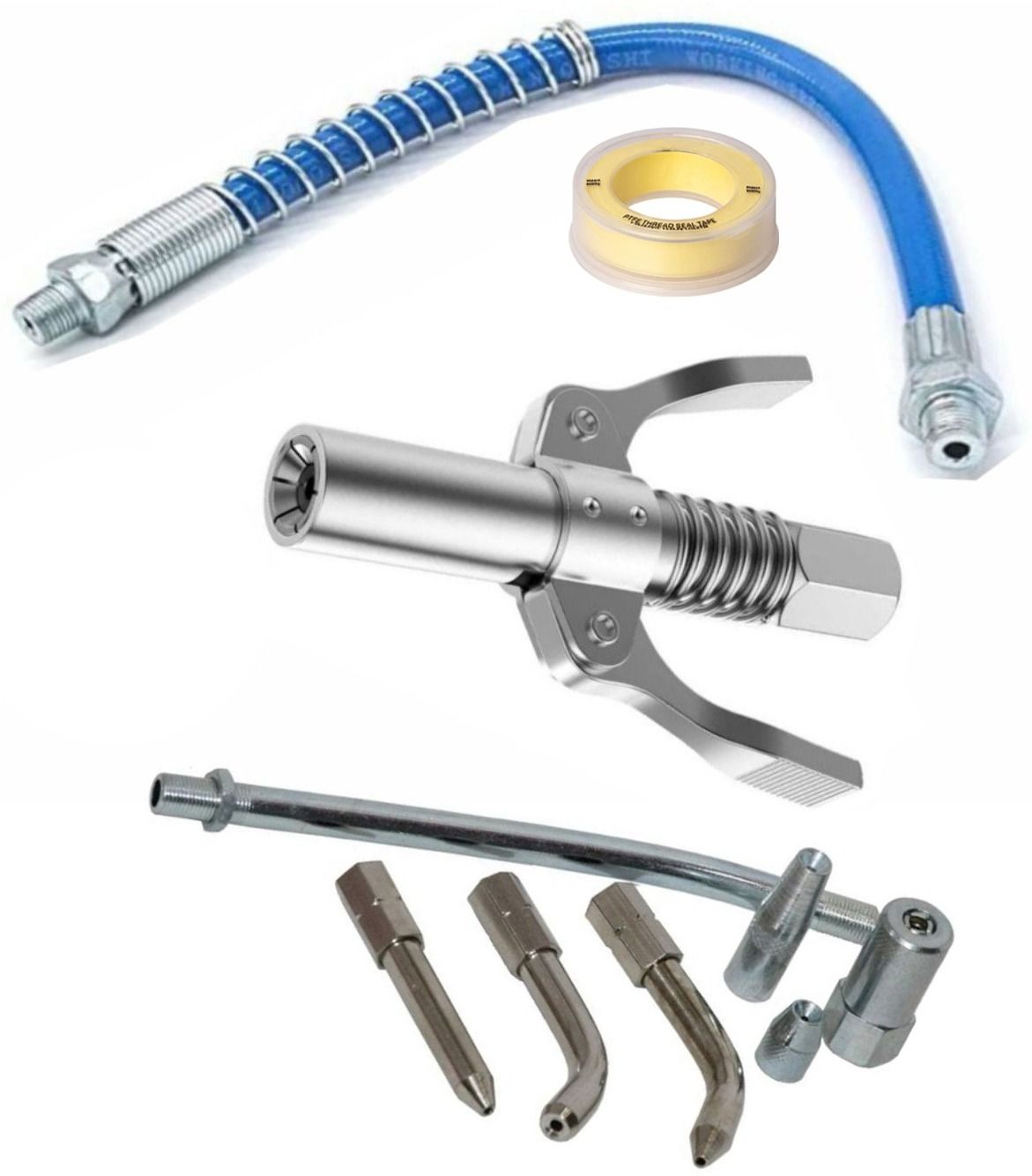 epitech mart Grease Gun Coupler With 12' Blue Pipe, 7Pc Round Nozzle Set, 1Pc Teflon Tape Manual Dispenser-picture-20