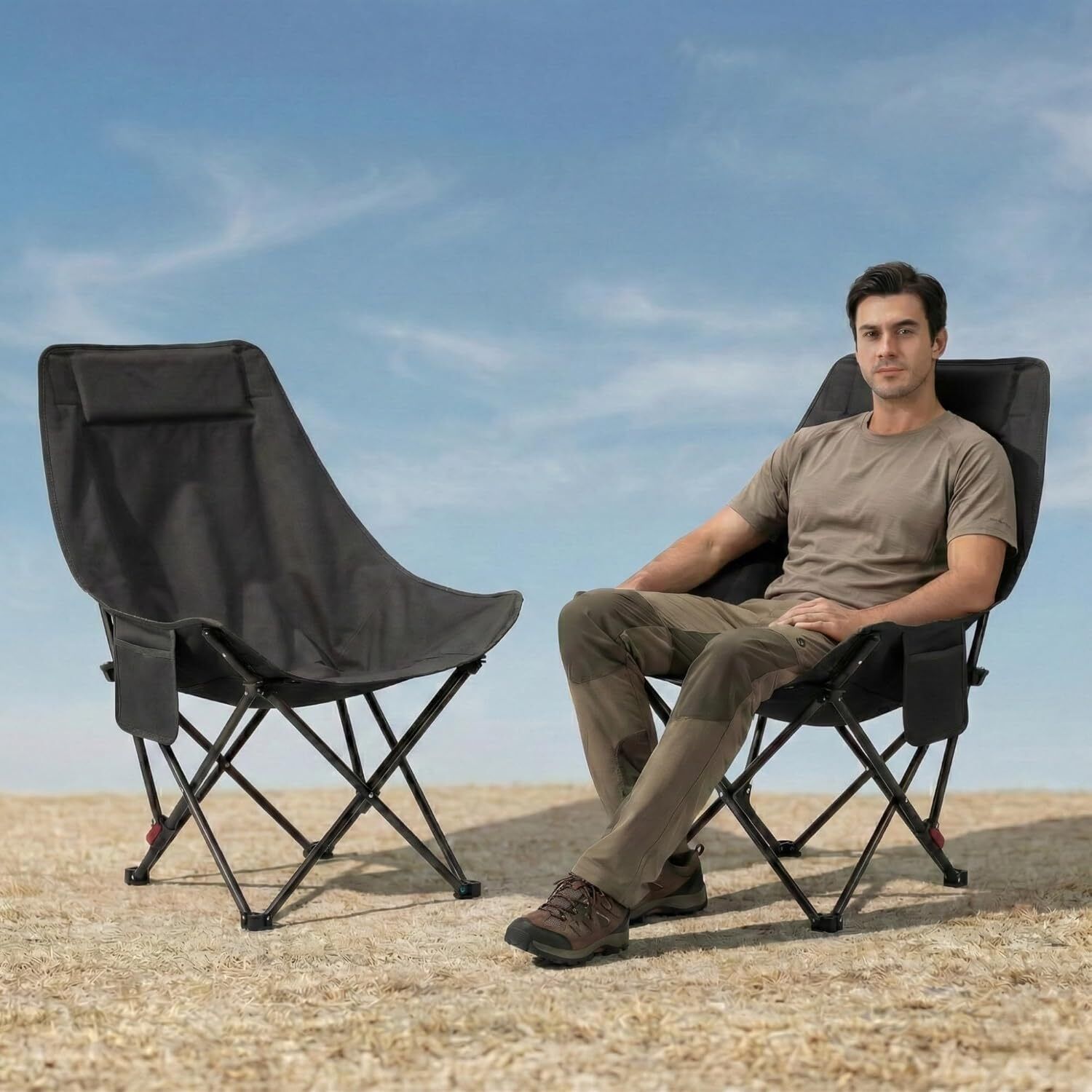 Foldable Camping Chair with Backrest & Side Pocket, Portable Outdoor Foldable Polyester, Steel Inversion Chair-image-46