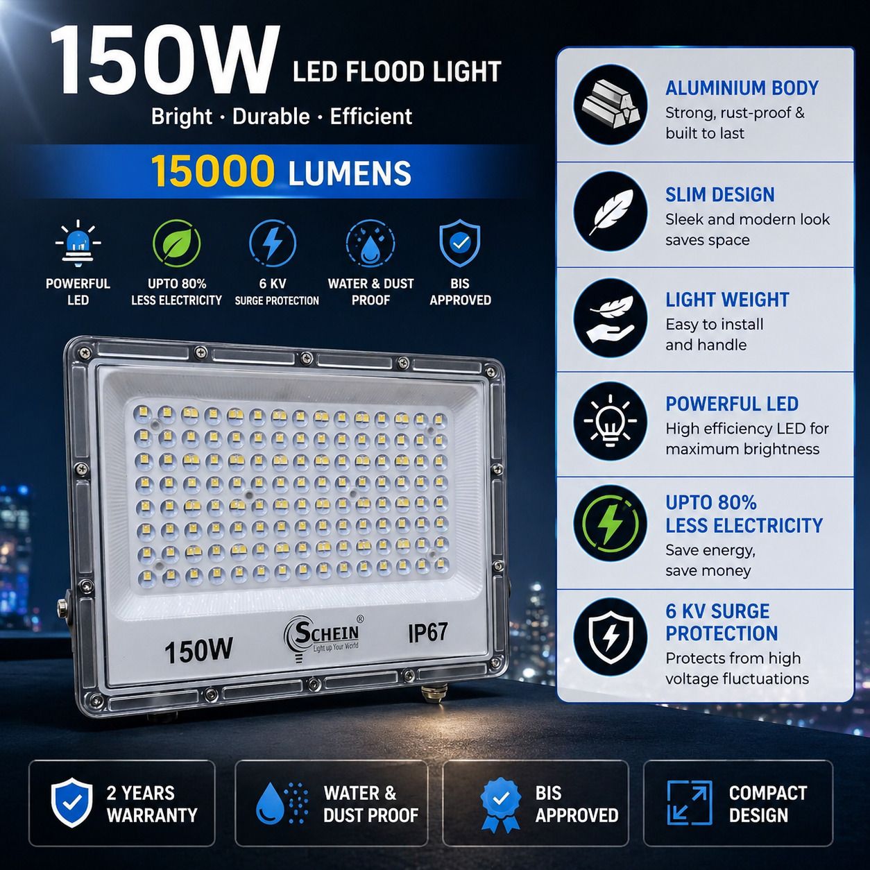 150 Watt LED Flood Light | White | Pack of 1 | BIS Approved | Super Bright Flood Light | Slim & Lightweight | Aluminium Die-Cast Body | Parking & Warehouse Light Flood Light Outdoor Lamp-image-46