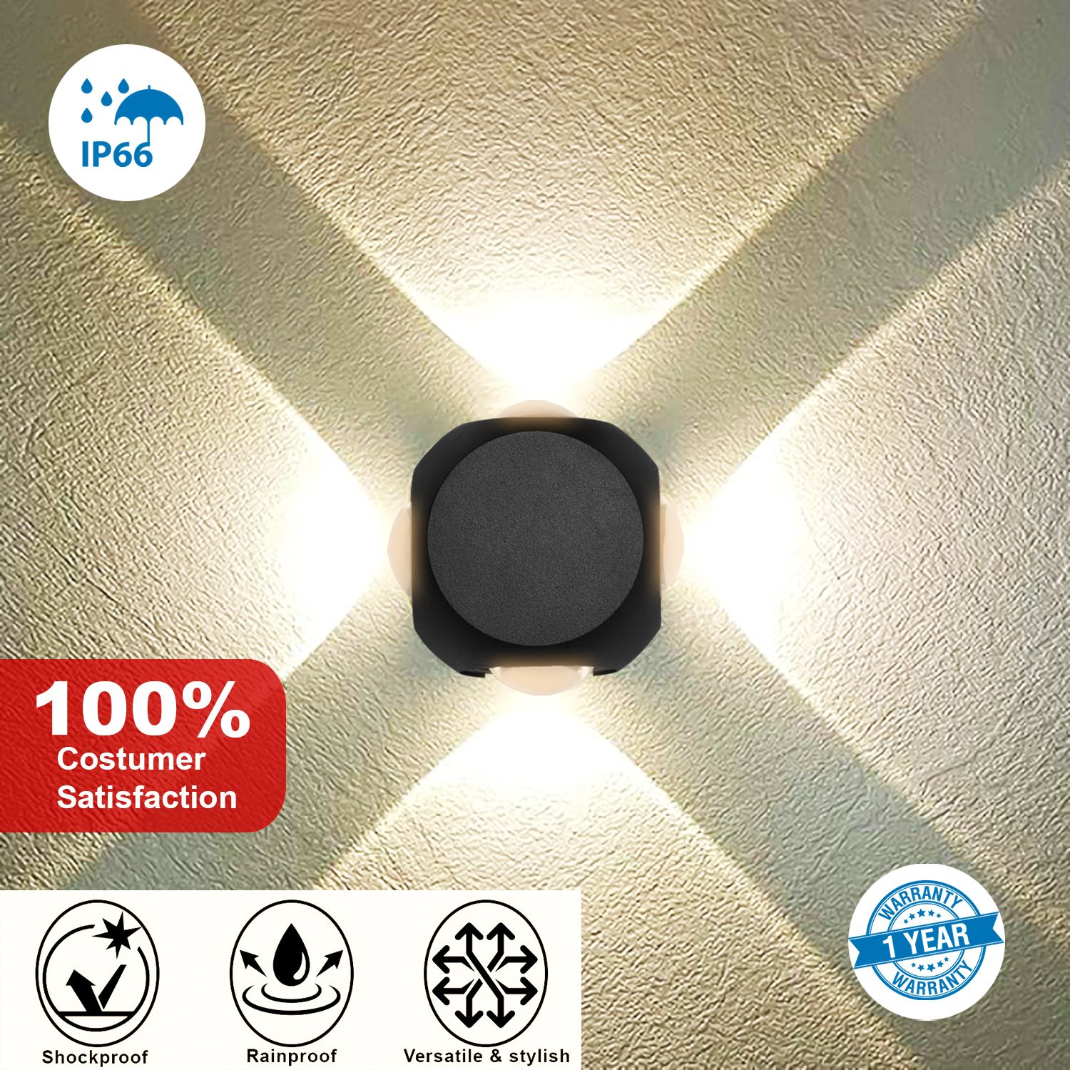 4 Way Round Ball Outdoor LED Black Body Outdoor Waterproof IP65 Exterior Wall Step Light Fixture Waterproof Lamp (Warm White) ( 4x3W = 12 Watts) Post Light Outdoor Lamp-image-42