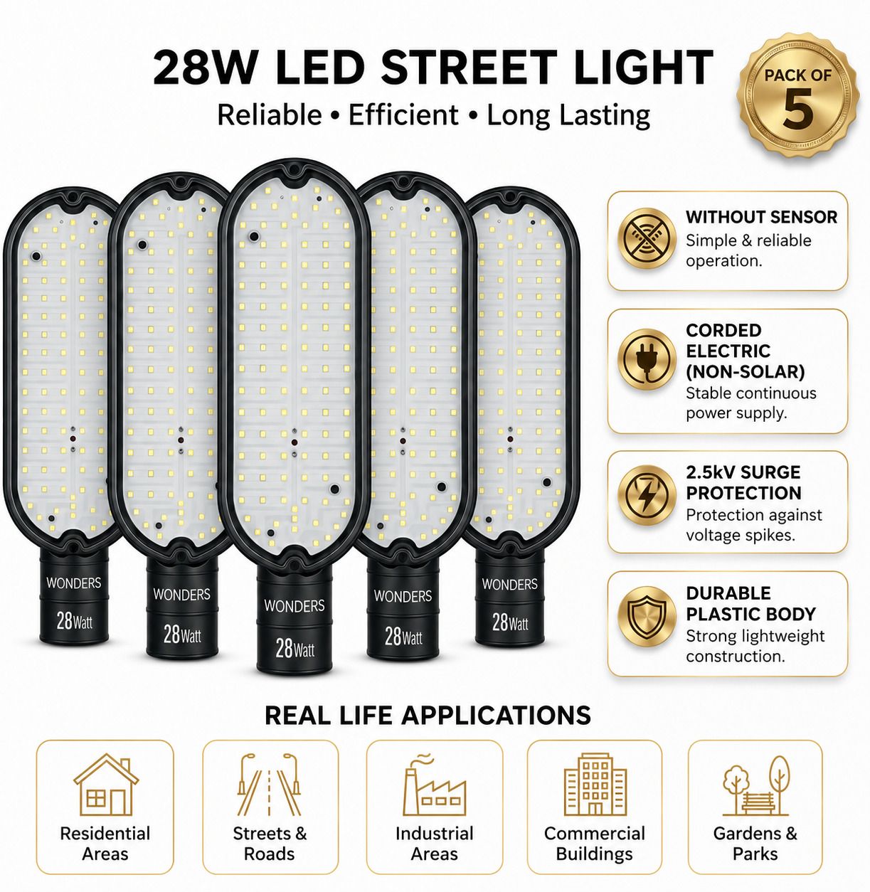 28W LED Street Light Without Sensor Pack of 5 | 2.5kV Surge Protection| IP65 Waterproof Energy Efficient | Outdoor Street Lamp | Bright White Light | Non-Solar Corded Electric | Durable Plastic Body | S5W4 Street Light Outdoor Lamp-image-24