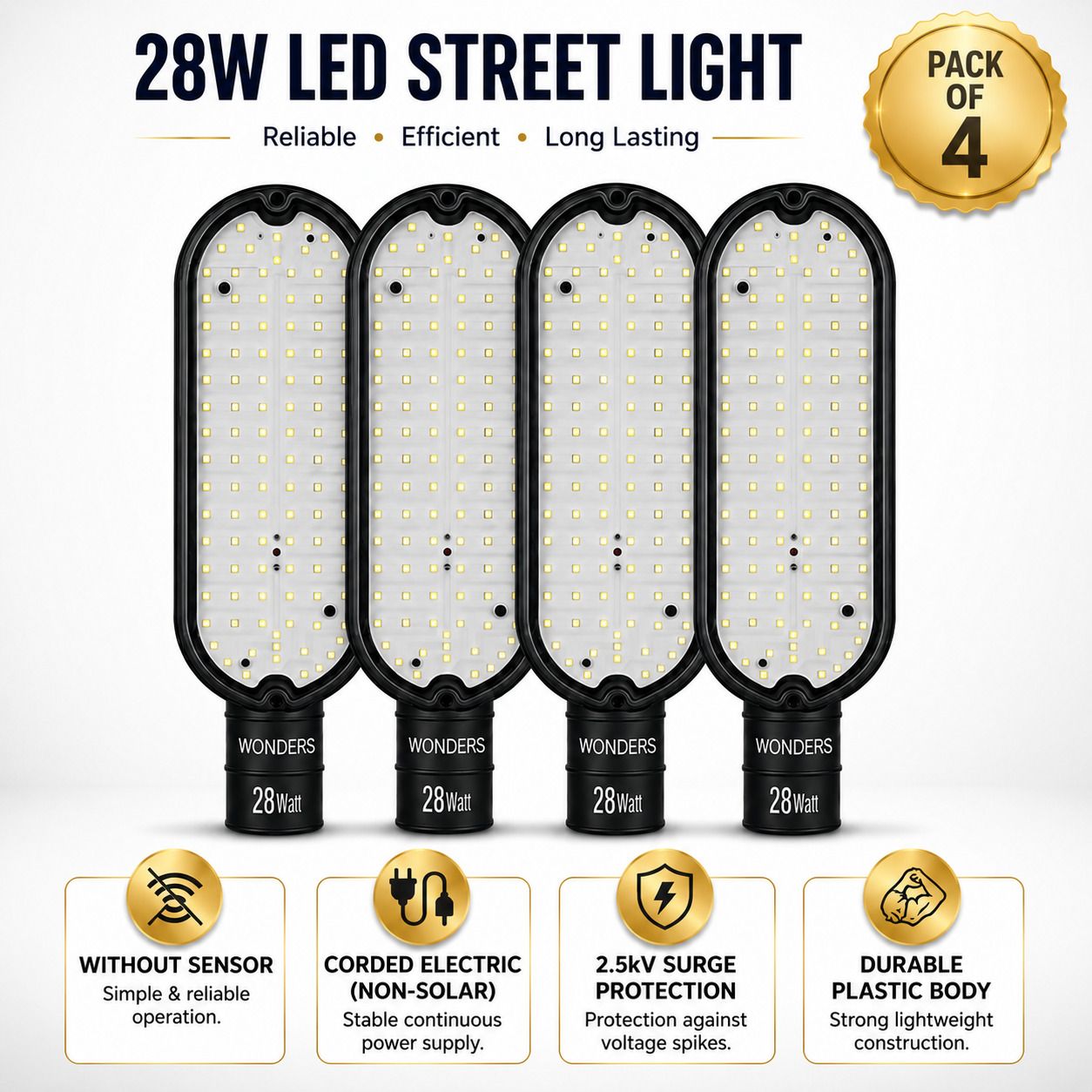 wonders 28W LED Street Light Without Sensor Pack of 4 |IP65 Waterproof | Energy Efficient | 2.5kV Surge Protection| Outdoor Street Lamp | Bright White Light | Non-Solar Corded Electric | Durable Plastic Body | S4W3 Street Light Outdoor Lamp-picture-12