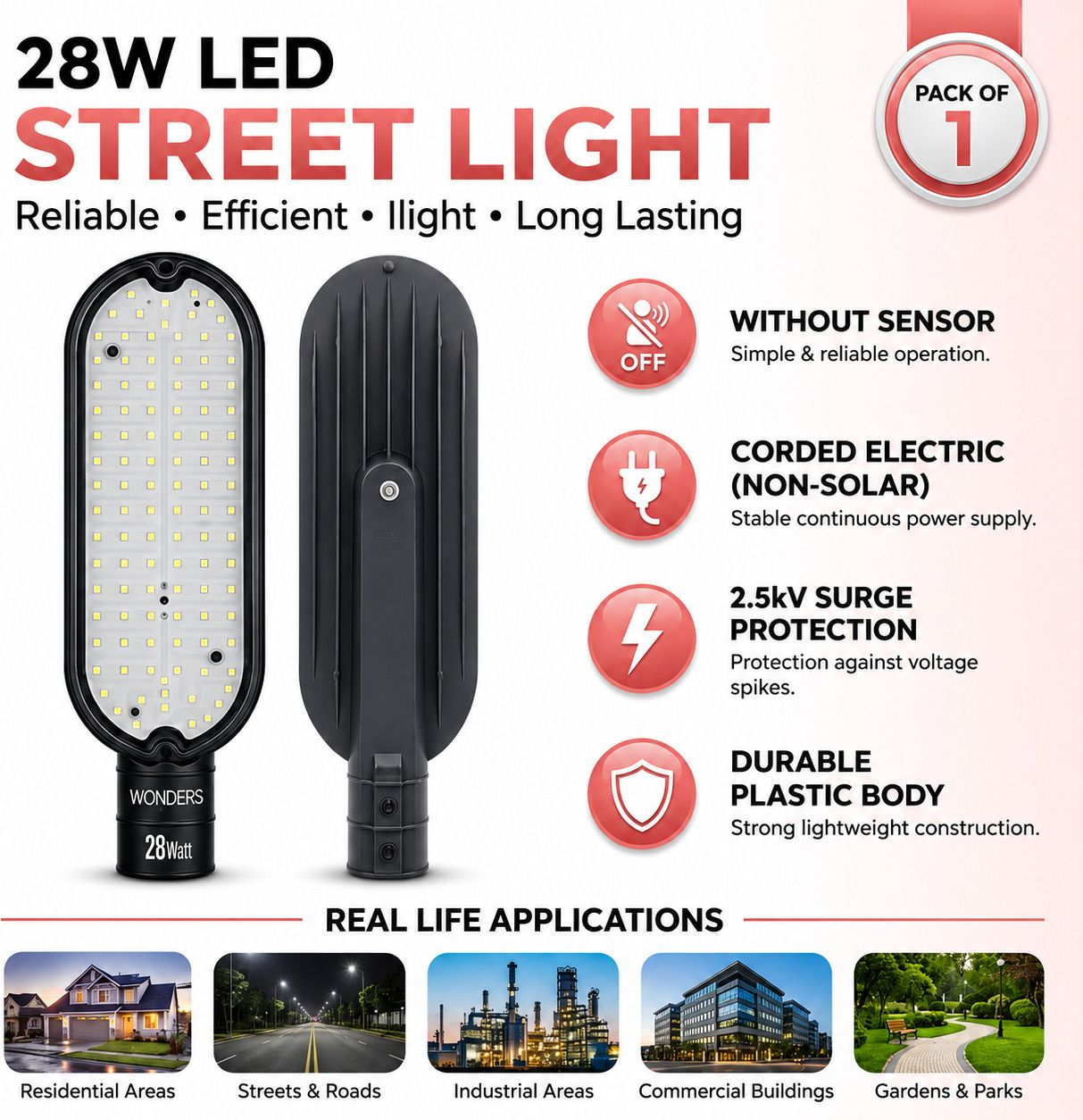 28W LED Street Light Without Sensor Pack of 1 | Energy Efficient Outdoor Street Lamp | 2.5kV Surge Protection| IP65 Waterproof | Bright White Light | Non-Solar Corded Electric | Durable Plastic Body | S1W3A3 Street Light Outdoor Lamp-image-28