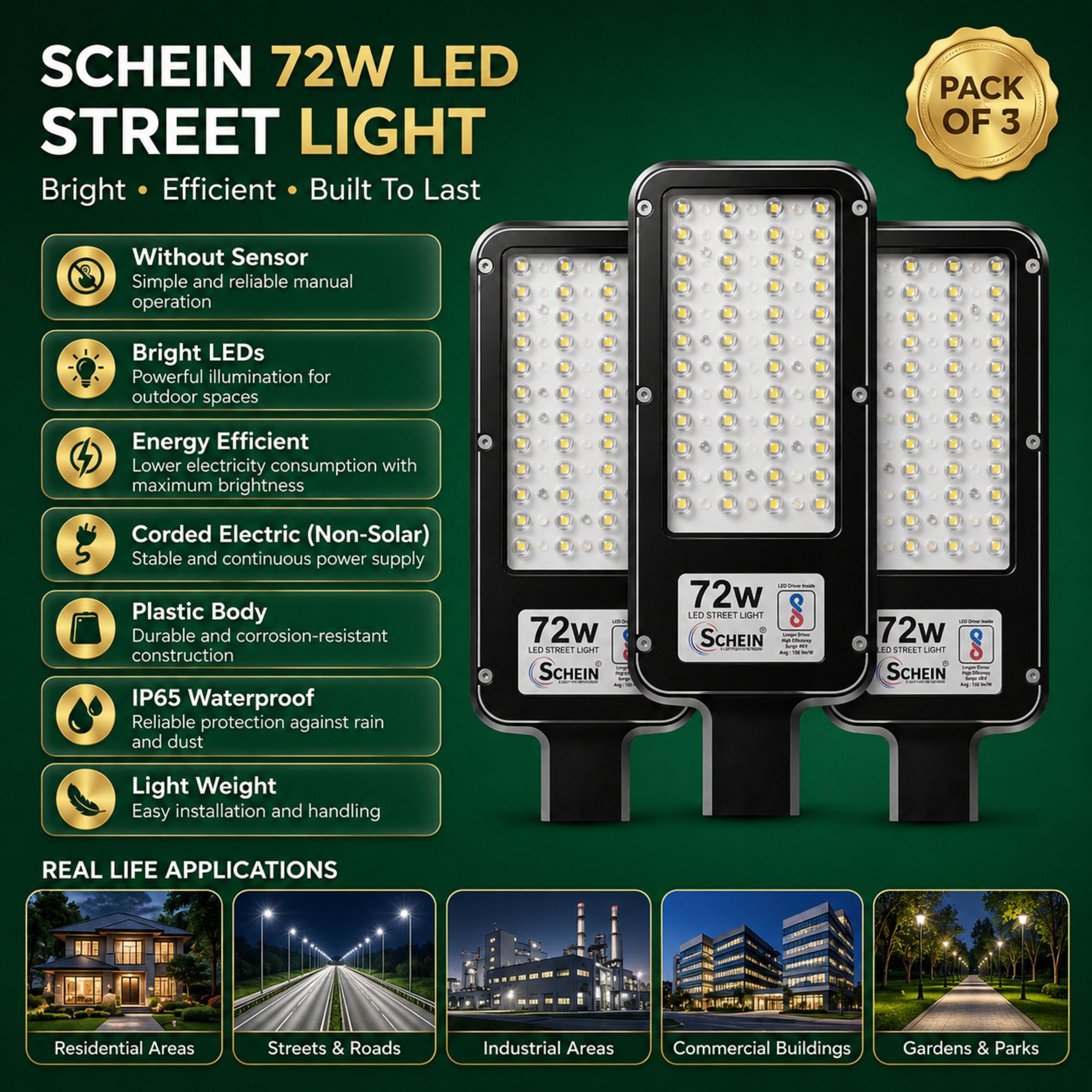 schein 72W White LED Street Light Pack of 3 | IP65 Waterproof | High Brightness LEDs | Energy Efficient Outdoor Lighting | Without Sensor | Plastic Body | Non-Solar Electric Operation | S3W4 Street Light Outdoor Lamp-picture-18