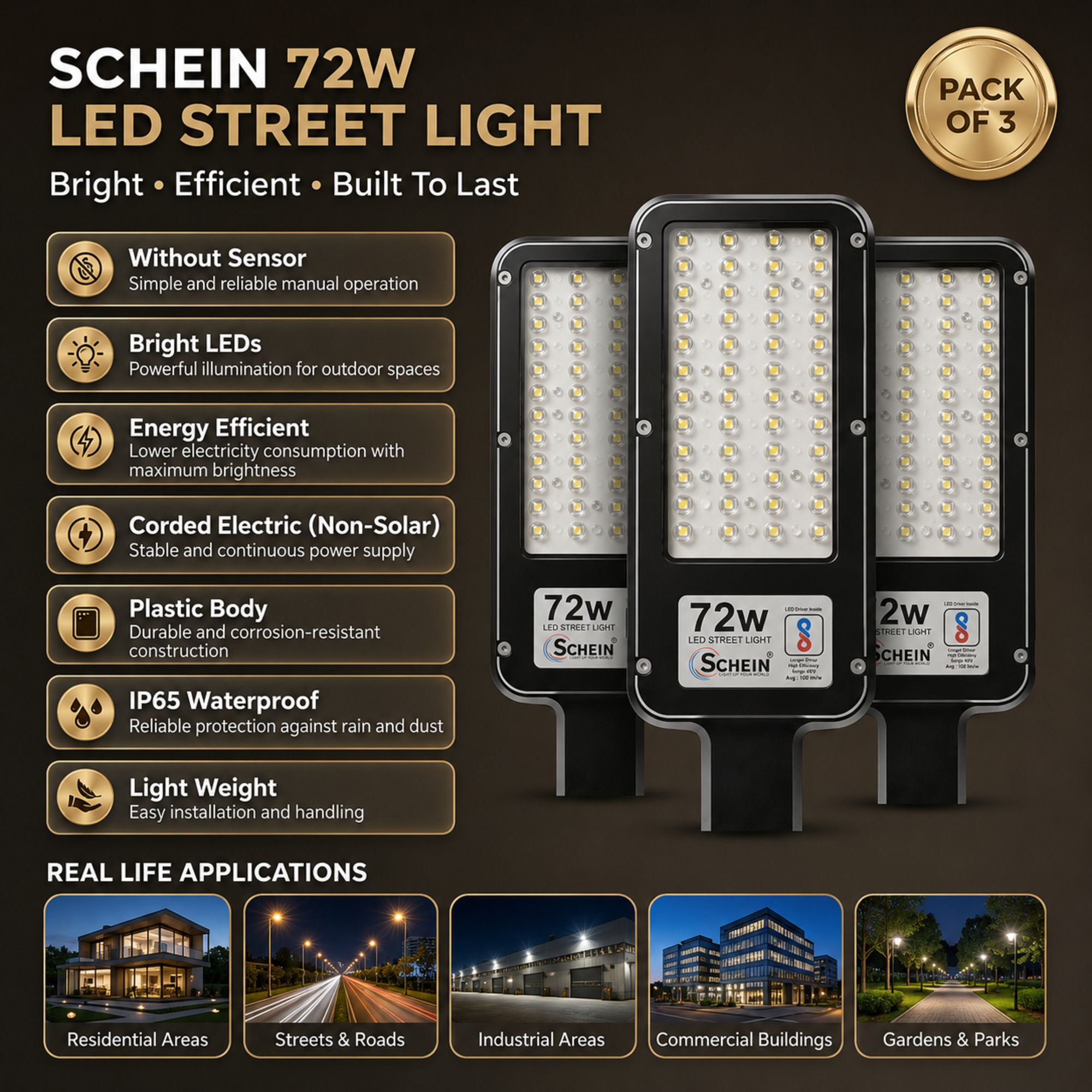 schein 72 Watt LED Street Light Outdoor Pack of 3 | Bright LEDs | IP65 Waterproof | Without Sensor | Non-Solar Corded Electric | Energy Efficient | Plastic Body | Lightweight Design | S3W7 Street Light Outdoor Lamp-picture-15