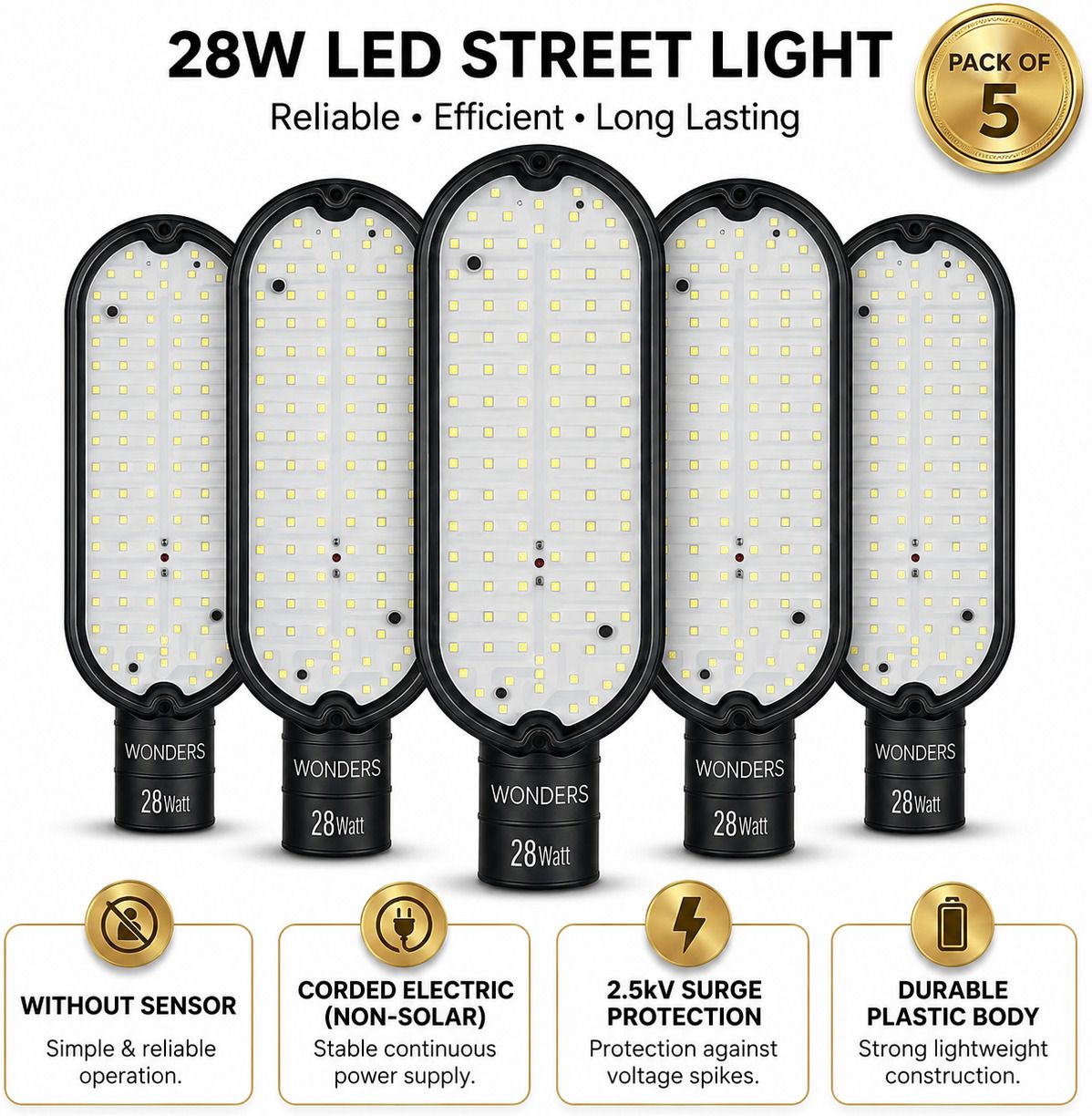 wonders 28W LED Street Light Without Sensor Pack of 5 |IP65 Waterproof | Energy Efficient | 2.5kV Surge Protection| Outdoor Street Lamp | Bright White Light | Non-Solar Corded Electric | Durable Plastic Body | S5W3 Street Light Outdoor Lamp-picture-26