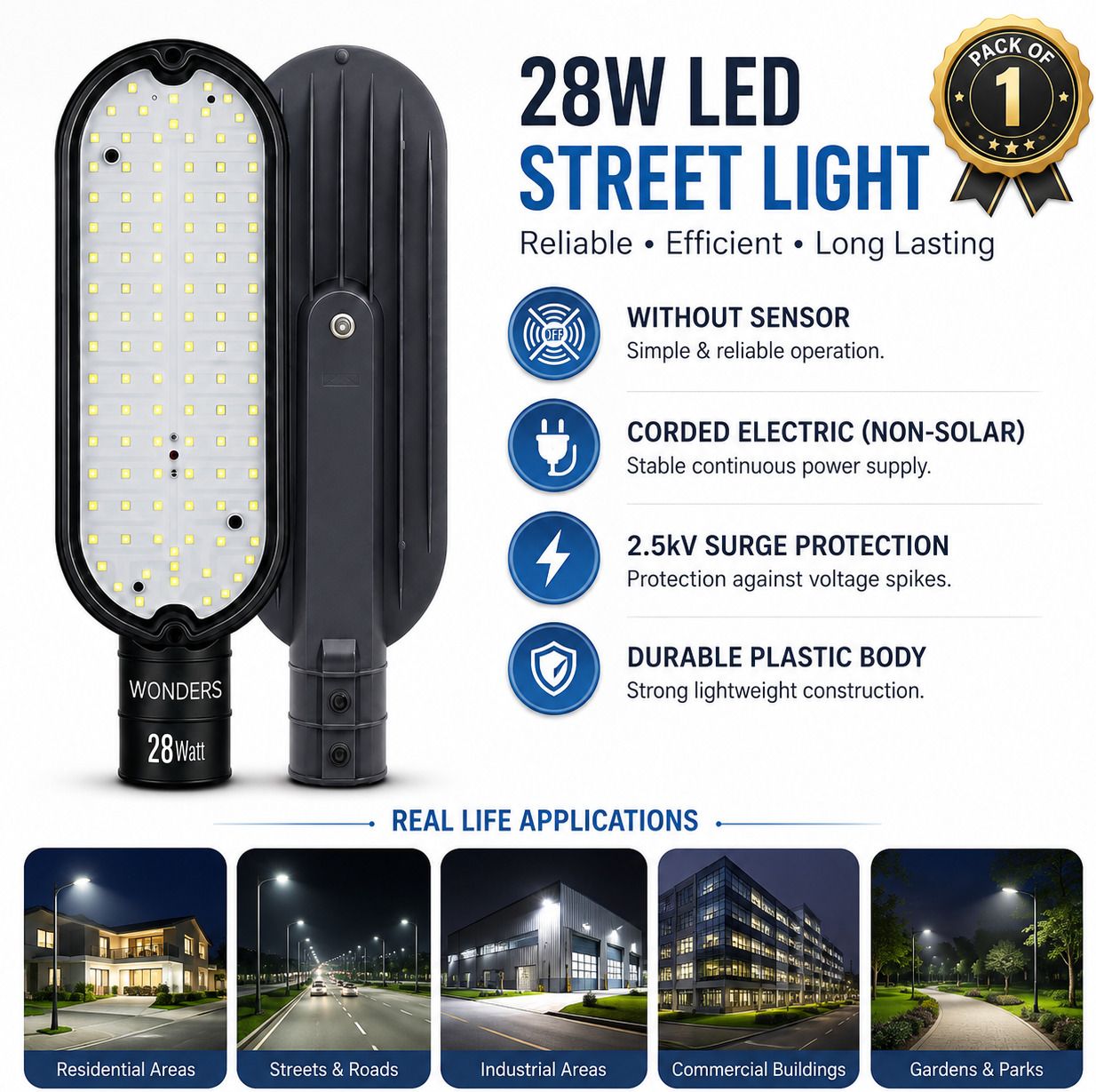 wonders 28W LED Street Light Without Sensor Pack of 1 | Energy Efficient |IP65 Waterproof | Outdoor Street Lamp | 2.5kV Surge Protection| Bright White Light | Non-Solar Corded Electric | Durable Plastic Body | S1W5 Street Light Outdoor Lamp-picture-25