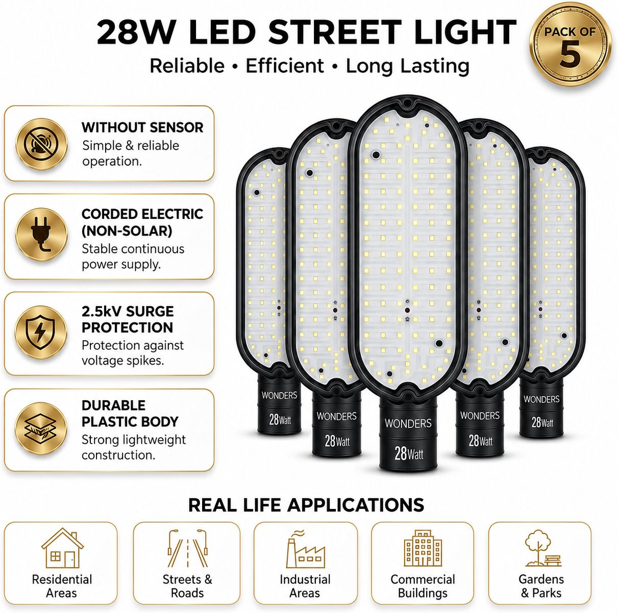 wonders 28W LED Street Light Without Sensor Pack of 5 | Energy Efficient Outdoor Street Lamp | 2.5kV Surge Protection| IP65 Waterproof | Bright White Light | Non-Solar Corded Electric | Durable Plastic Body | S5W5 Street Light Outdoor Lamp-picture-13