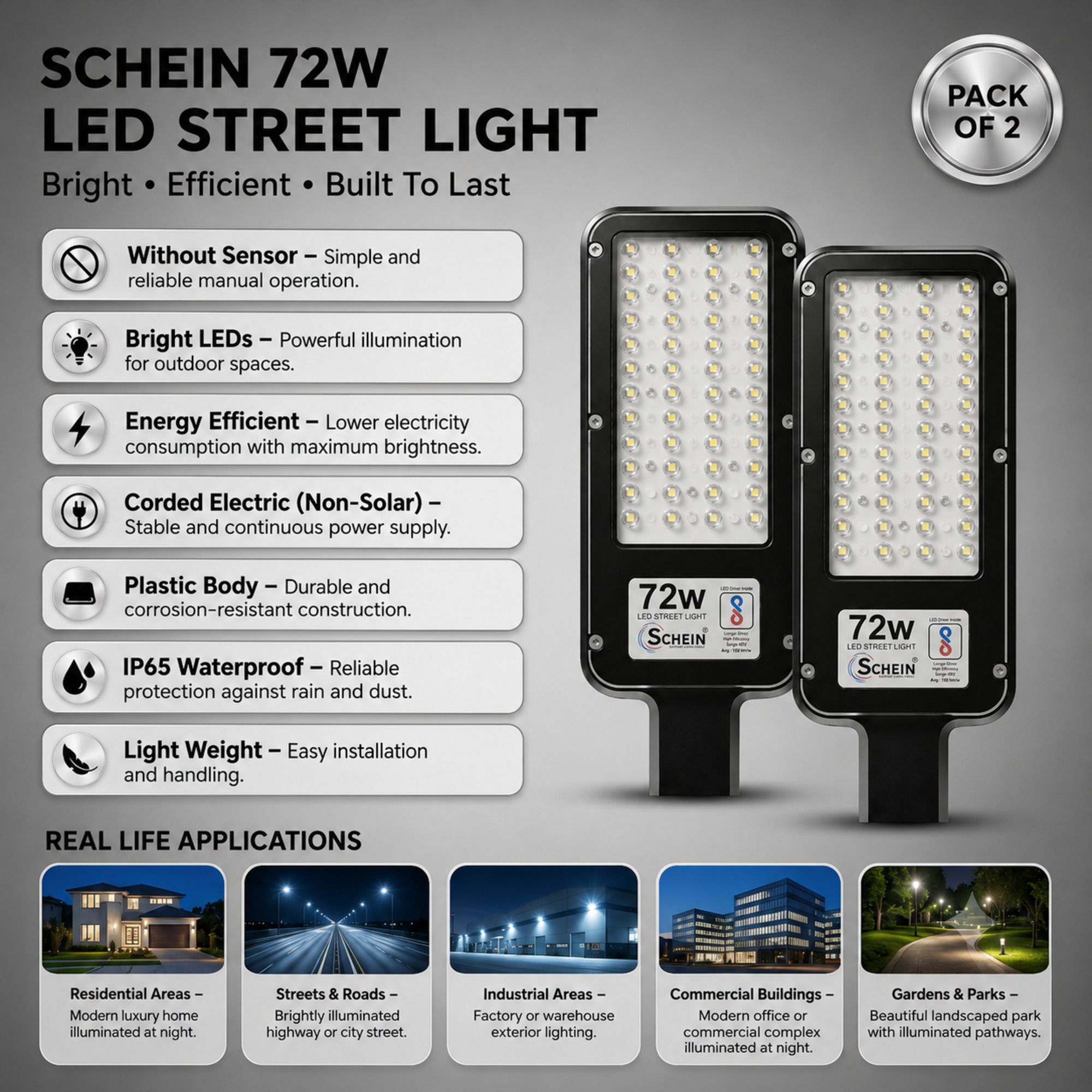 schein 72W White LED Street Light Pack of 2 | High Brightness LEDs | IP65 Waterproof | Energy Efficient Outdoor Lighting | Without Sensor | Plastic Body | Non-Solar Electric Operation | S2W6 Street Light Outdoor Lamp-picture-13