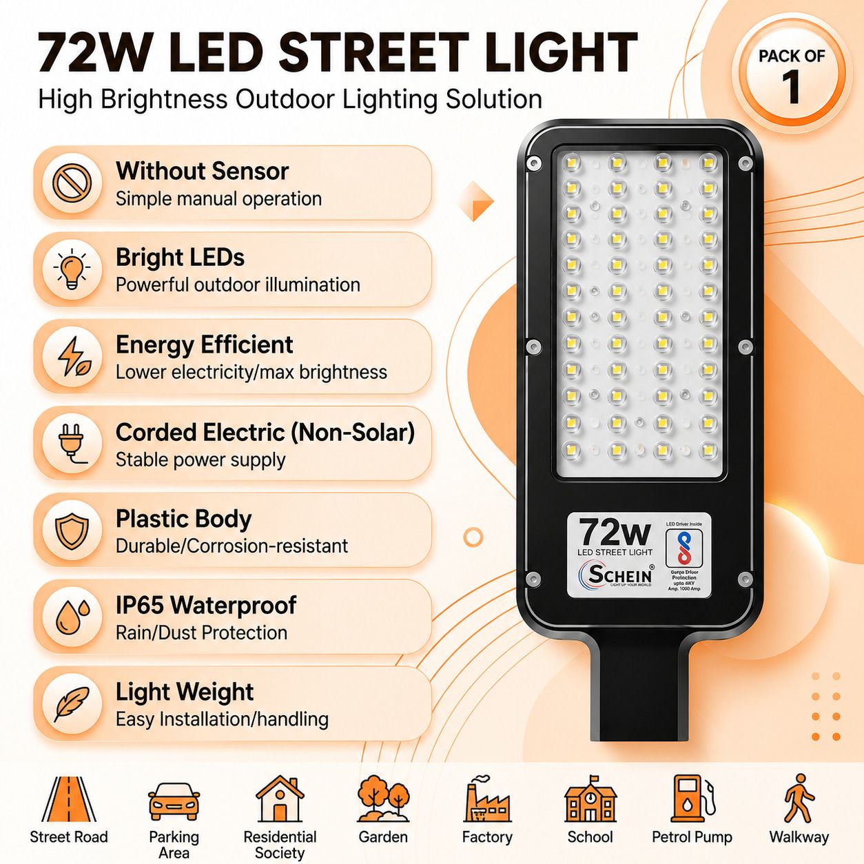 72W LED Street Light Pack of 1 | Without Sensor | Bright White Illumination | Corded Electric Non-Solar | IP65 Waterproof Protection | Energy Efficient | Durable Plastic Body | S1W14A5 Street Light Outdoor Lamp-image-21