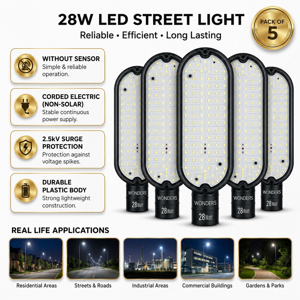wonders 28W LED Street Light Without Sensor Pack of 5 | Energy Efficient |IP65 Waterproof | Outdoor Street Lamp | 2.5kV Surge Protection| Bright White Light | Non-Solar Corded Electric | Durable Plastic Body | S5W1 Street Light Outdoor Lamp-picture-16