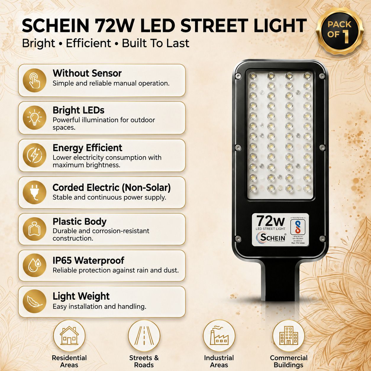 schein 72W White LED Street Light Pack of 1 | High Brightness LEDs | IP65 Waterproof | Energy Efficient Outdoor Lighting | Without Sensor | Plastic Body | Non-Solar Electric Operation | S1W1 Street Light Outdoor Lamp-picture-12